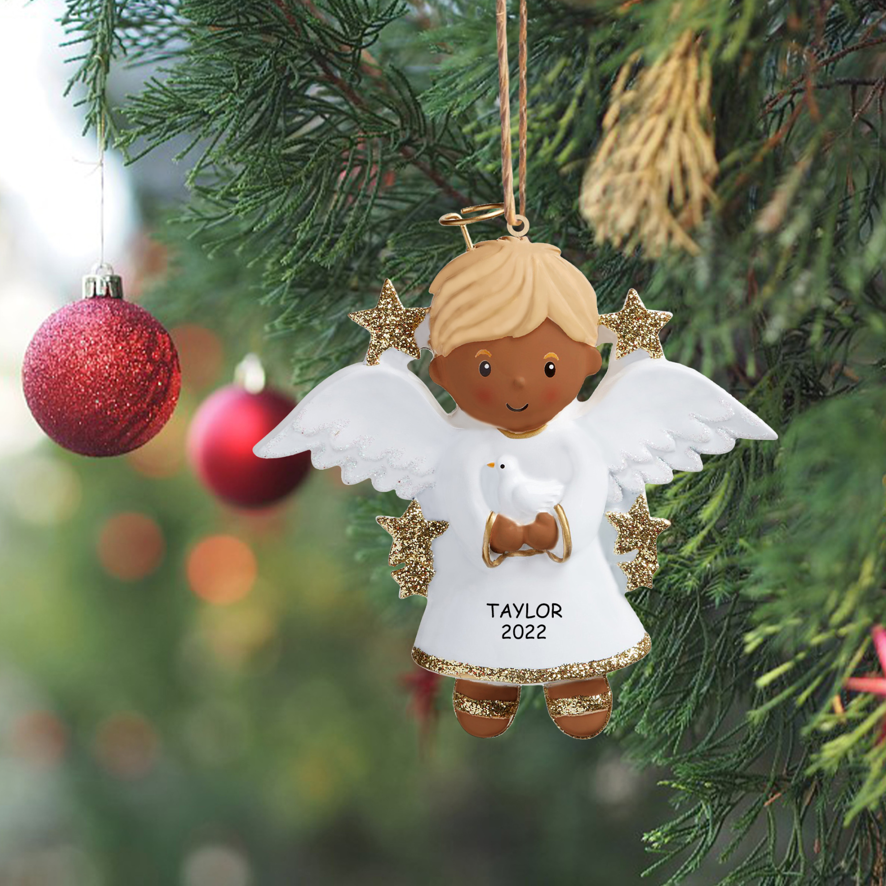 Personalisierter 1 Name & Jahr Weihnachtsengel Holz-Anhänger – Festliche Dekoration für Jungen