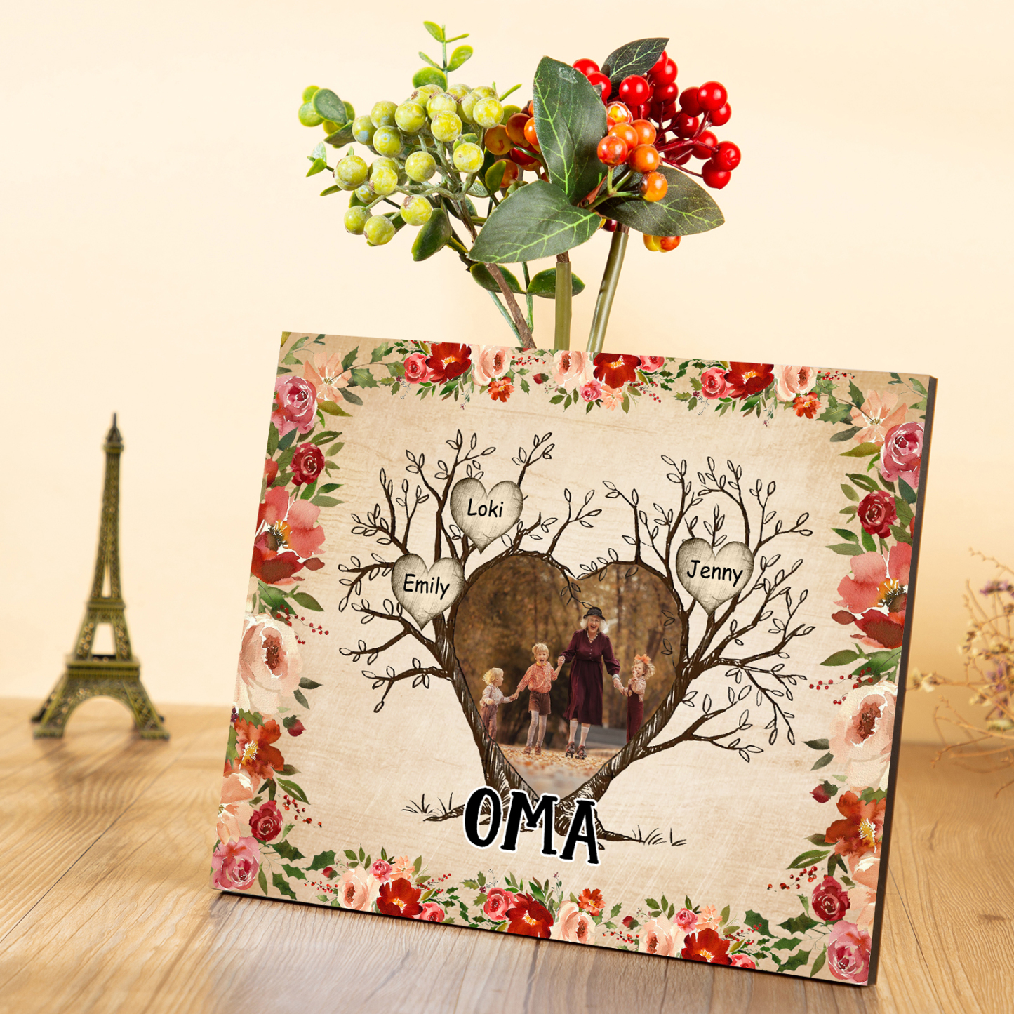 Personalisierter Text & 1 Foto & 3 Namen Holzbild Geschenk für Großeltern Familie