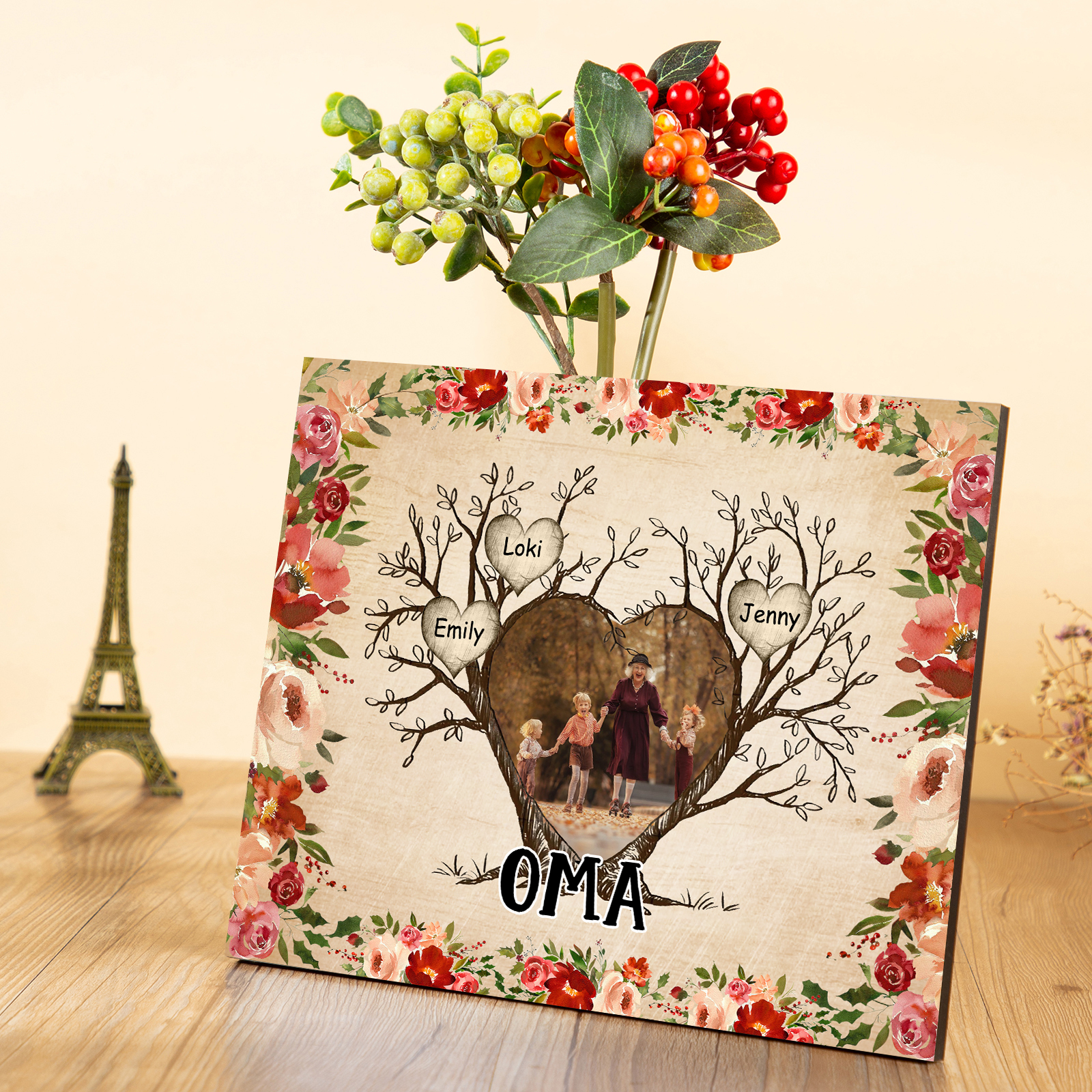 Personalisierter Text & 1 Foto & 3 Namen Holzbild Geschenk für Großeltern Familie