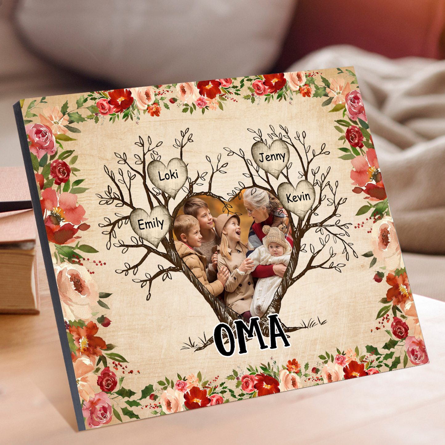 Personalisierter Text & 1 Foto & 4 Namen Holzbild Geschenk für Großeltern Familie