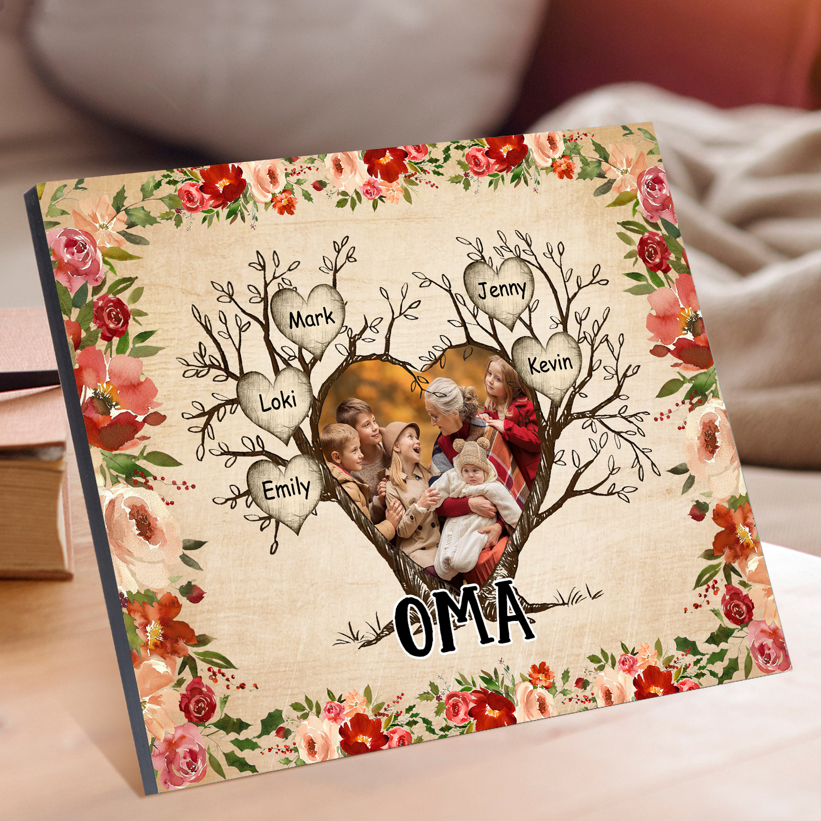 Personalisierter Text & 1 Foto & 5 Namen Holzbild Geschenk für Großeltern Familie