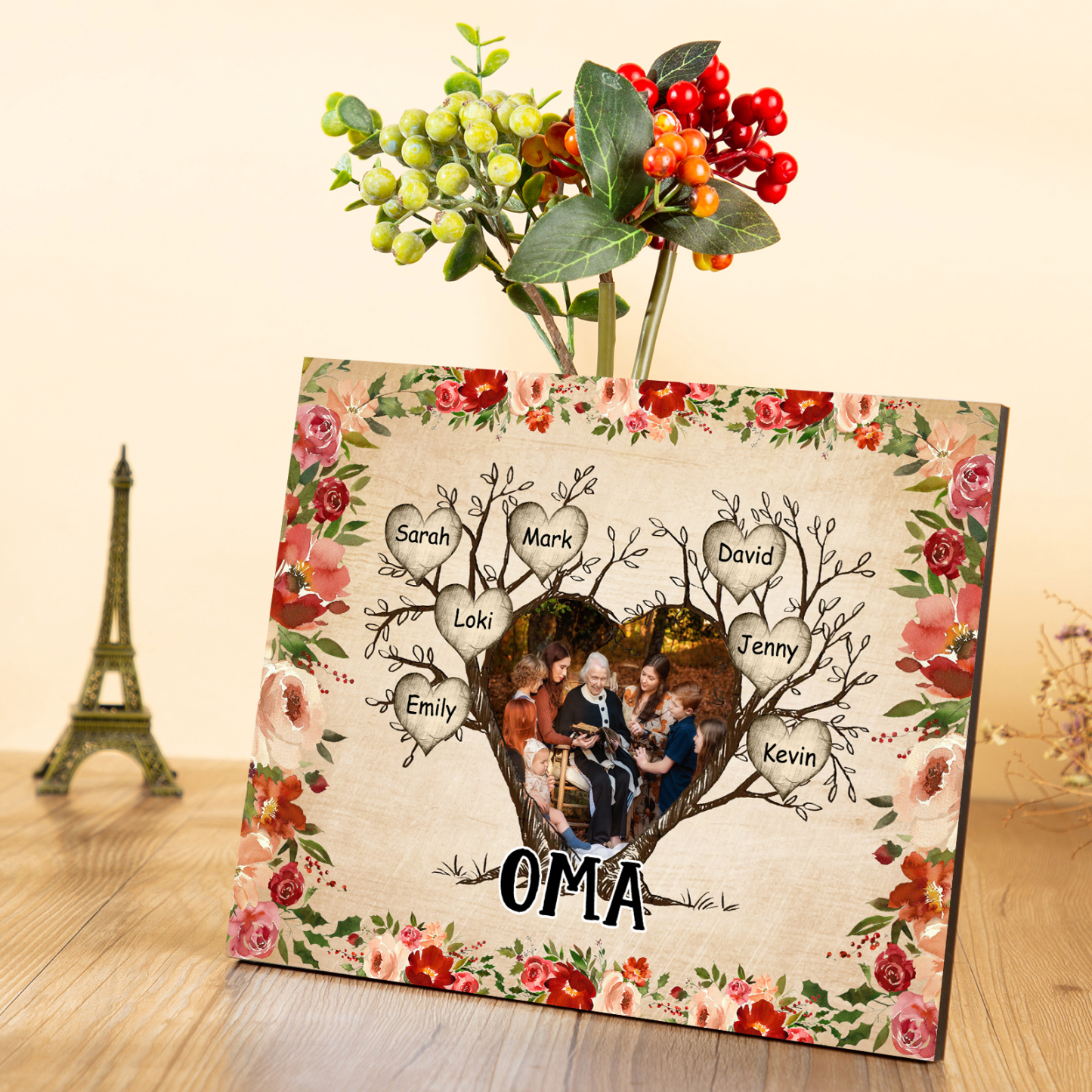 Personalisierter Text & 1 Foto & 7 Namen Holzbild Geschenk für Großeltern Familie