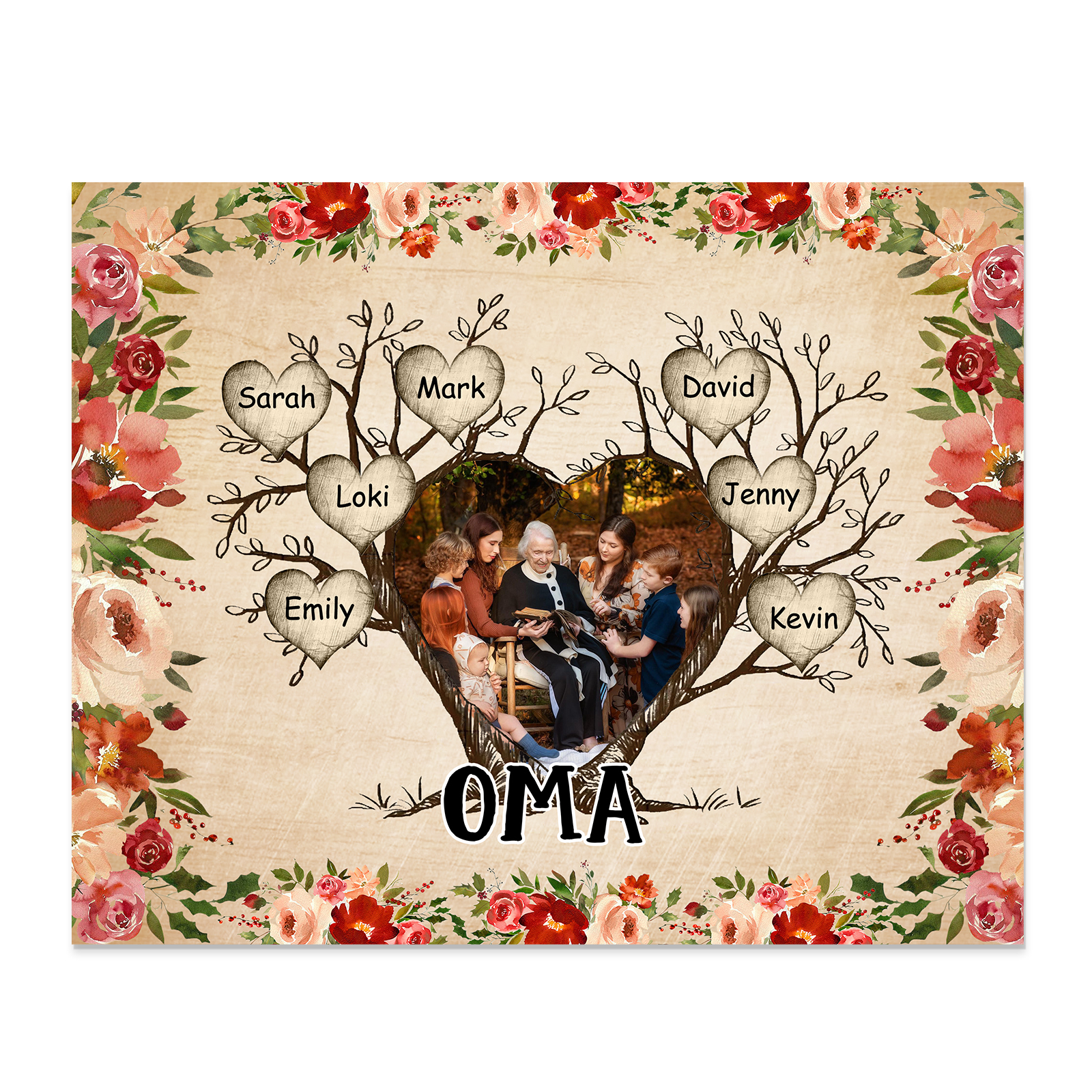Personalisierter Text & 1 Foto & 7 Namen Holzbild Geschenk für Großeltern Familie