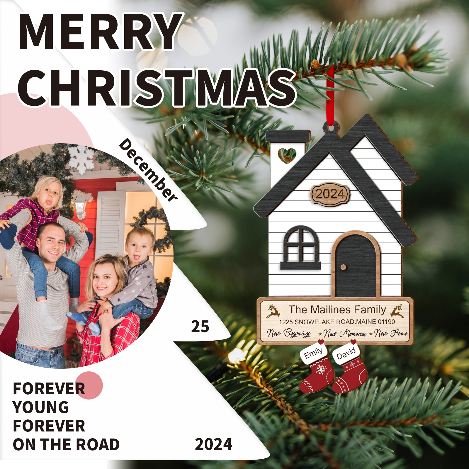 Holz Weihnachtsornament-Personalisierte 2 Namen & 2 Texten & Jahr Haus-Weihnachtsanhänger-4 Farben zur Auswahl