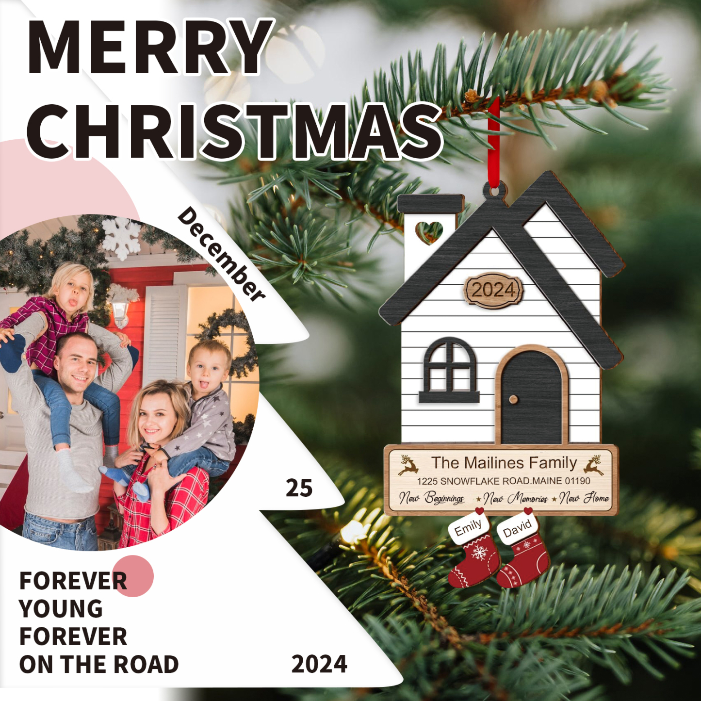 Holz Weihnachtsornament-Personalisierte 2 Namen & 2 Texten & Jahr Haus-Weihnachtsanhänger-4 Farben zur Auswahl