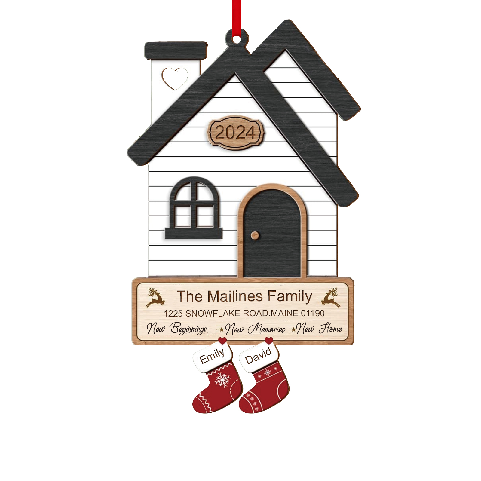 Holz Weihnachtsornament-Personalisierte 2 Namen & 2 Texten & Jahr Haus-Weihnachtsanhänger-4 Farben zur Auswahl