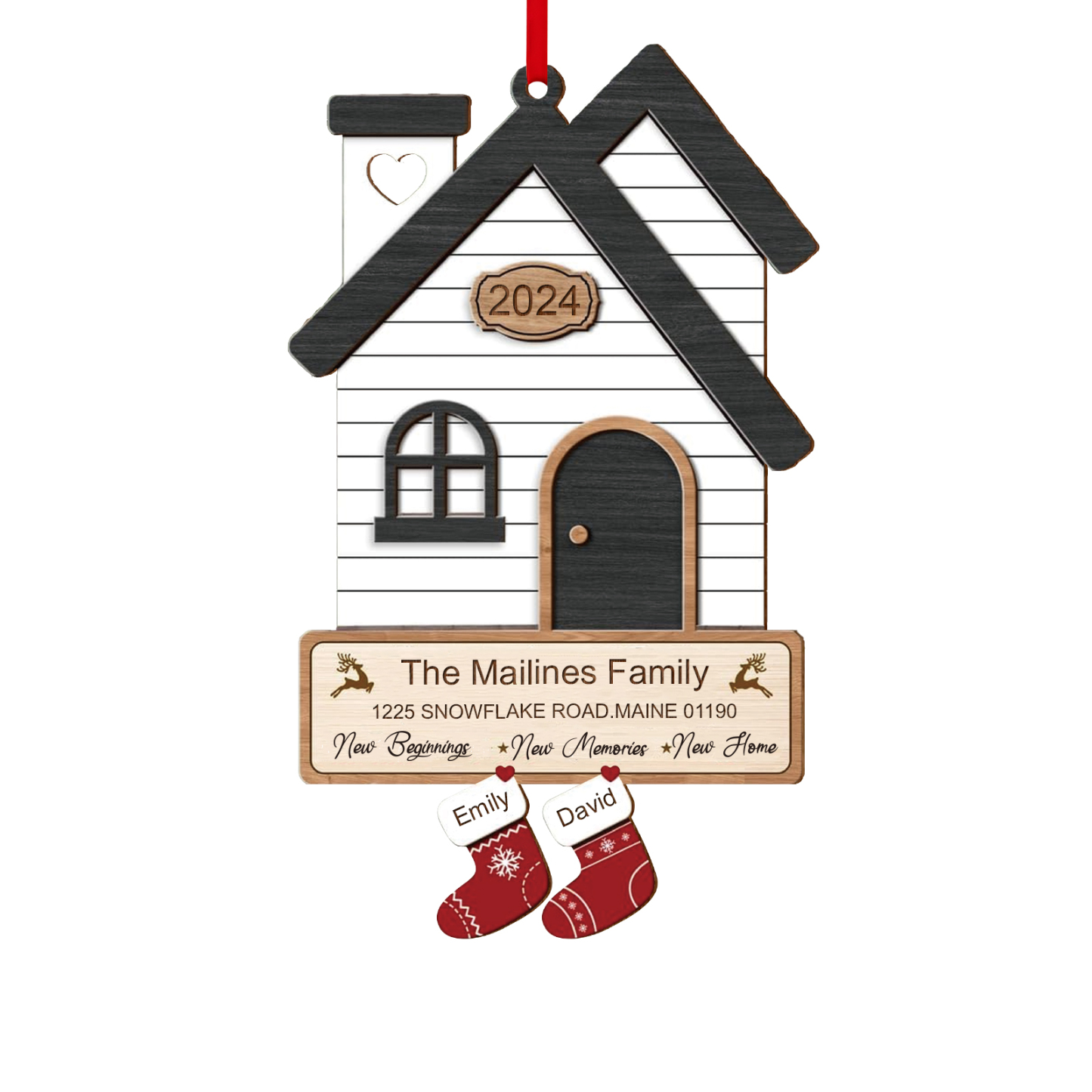 Holz Weihnachtsornament-Personalisierte 2 Namen & 2 Texten & Jahr Haus-Weihnachtsanhänger-4 Farben zur Auswahl