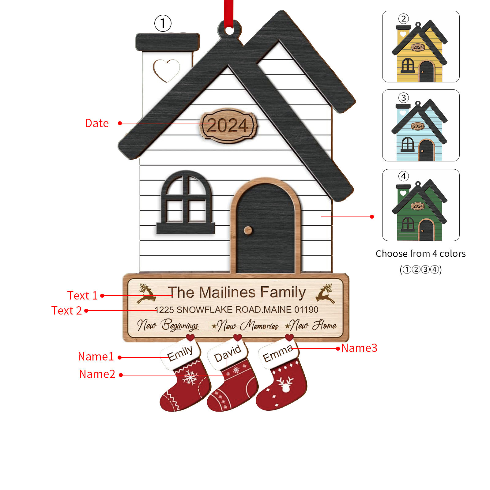Holz Weihnachtsornament-Personalisierte 2-8 Namen & 2 Texten & Jahr Haus-Weihnachtsanhänger – 4 Farben zur Auswahl