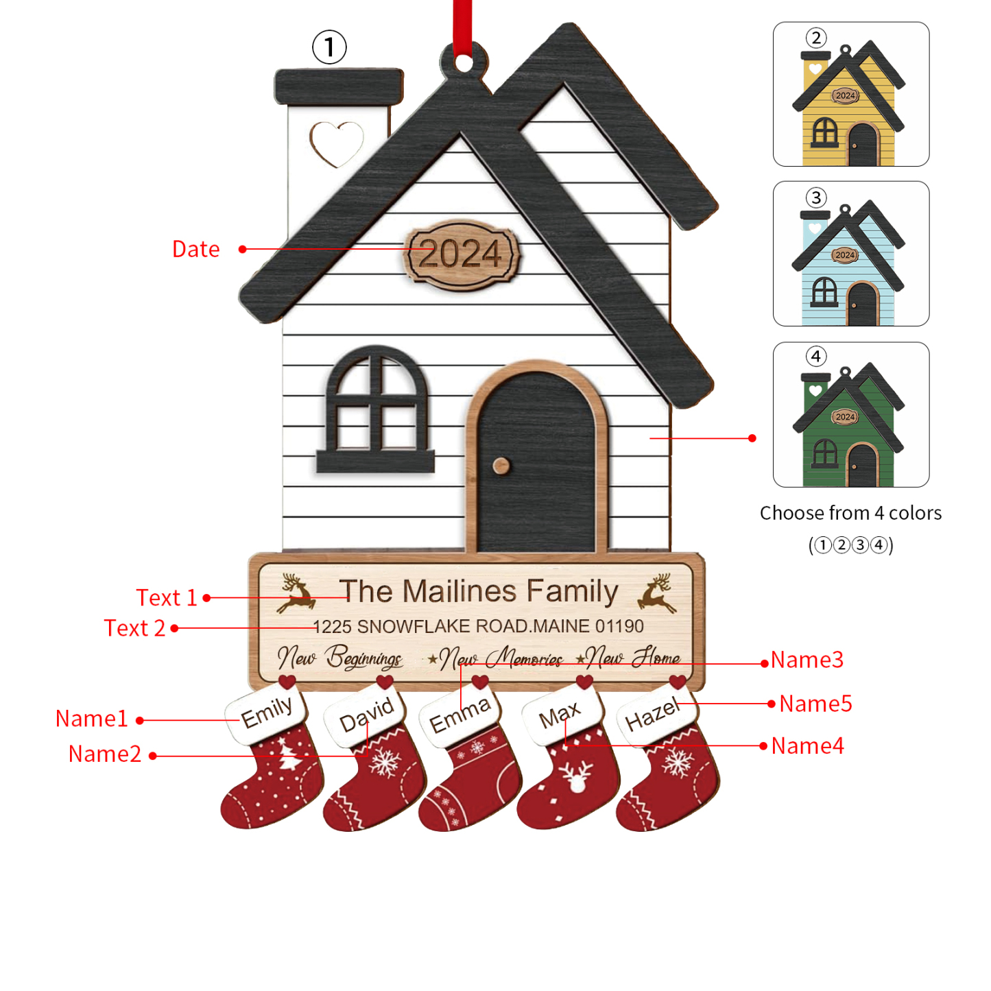 Holz Weihnachtsornament-Personalisierte 2-8 Namen & 2 Texten & Jahr Haus-Weihnachtsanhänger – 4 Farben zur Auswahl