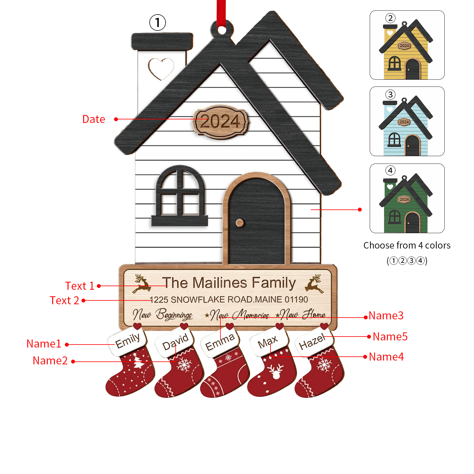 Holz Weihnachtsornament-Personalisierte 2-8 Namen & 2 Texten & Jahr Haus-Weihnachtsanhänger – 4 Farben zur Auswahl