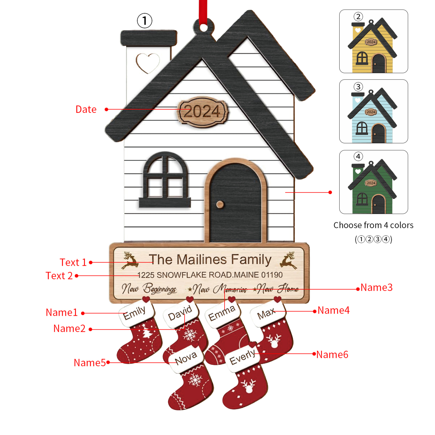 Holz Weihnachtsornament-Personalisierte 2-8 Namen & 2 Texten & Jahr Haus-Weihnachtsanhänger – 4 Farben zur Auswahl