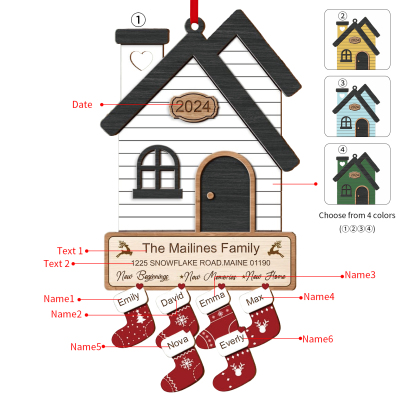 Holz Weihnachtsornament-Personalisierte 2-8 Namen & 2 Texten & Jahr Haus-Weihnachtsanhänger – 4 Farben zur Auswahl