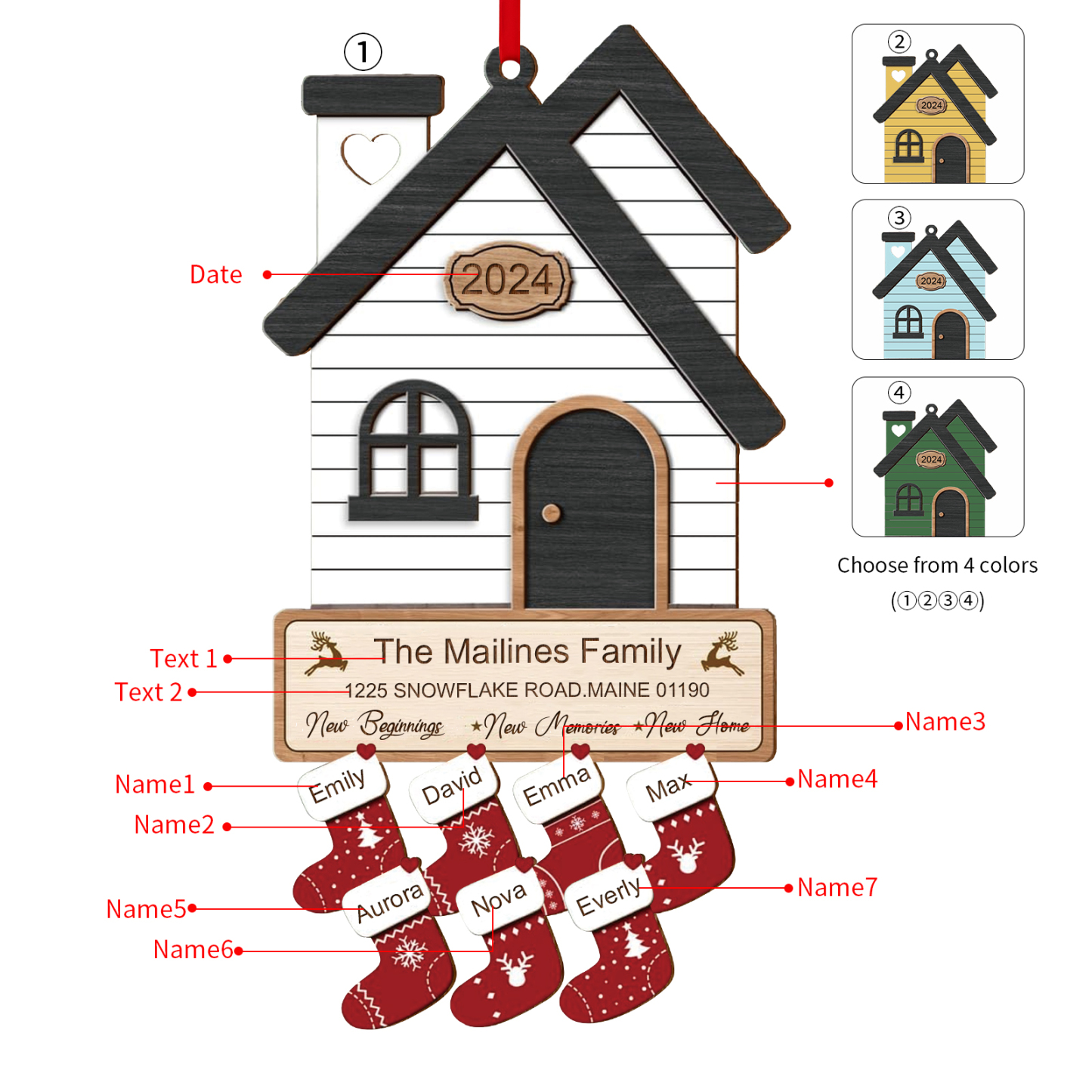 Holz Weihnachtsornament-Personalisierte 2-8 Namen & 2 Texten & Jahr Haus-Weihnachtsanhänger – 4 Farben zur Auswahl