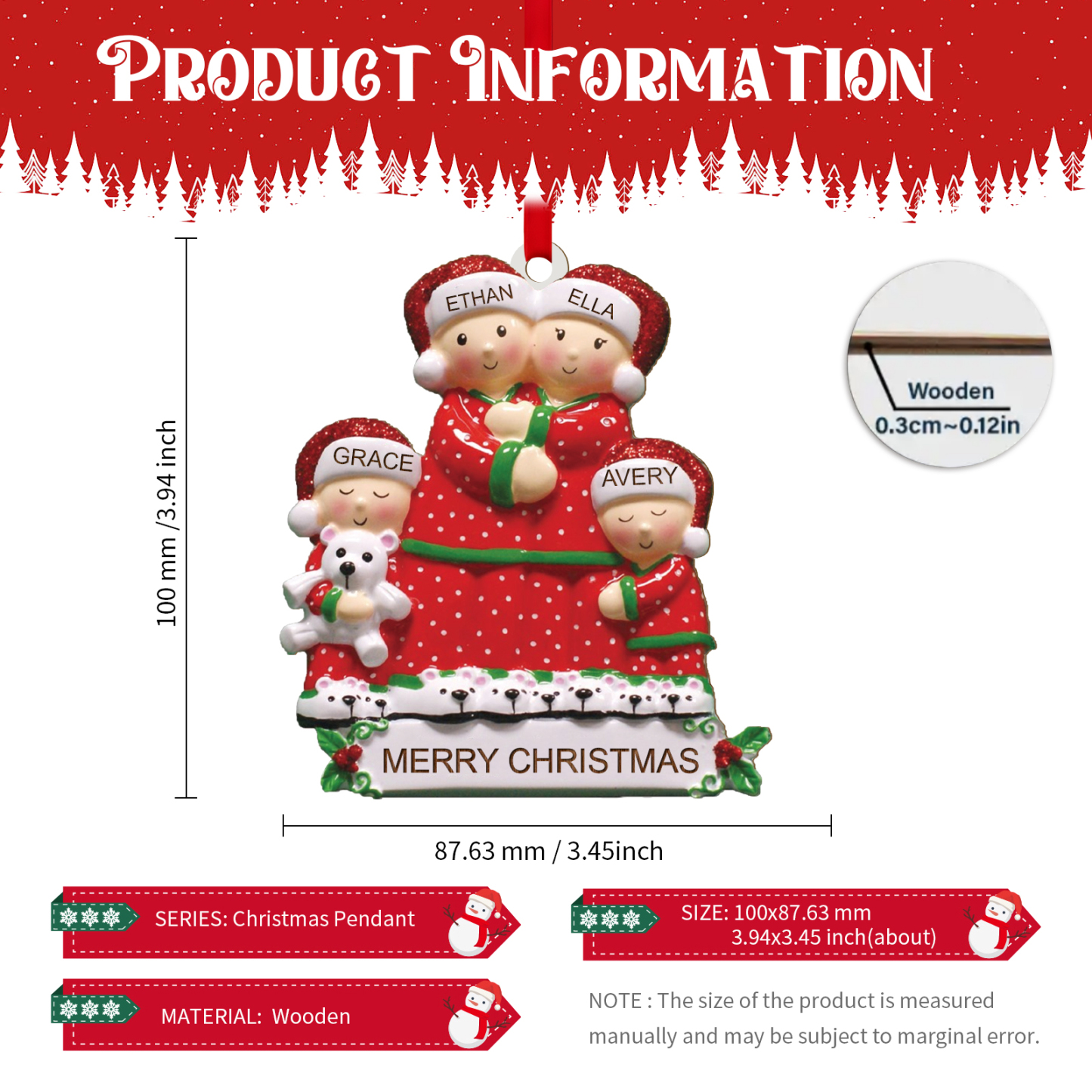 Personalisierte 2-6 Namen Weihnachtsornament Weihnachtsbaum Holz-Anhänger für Familie