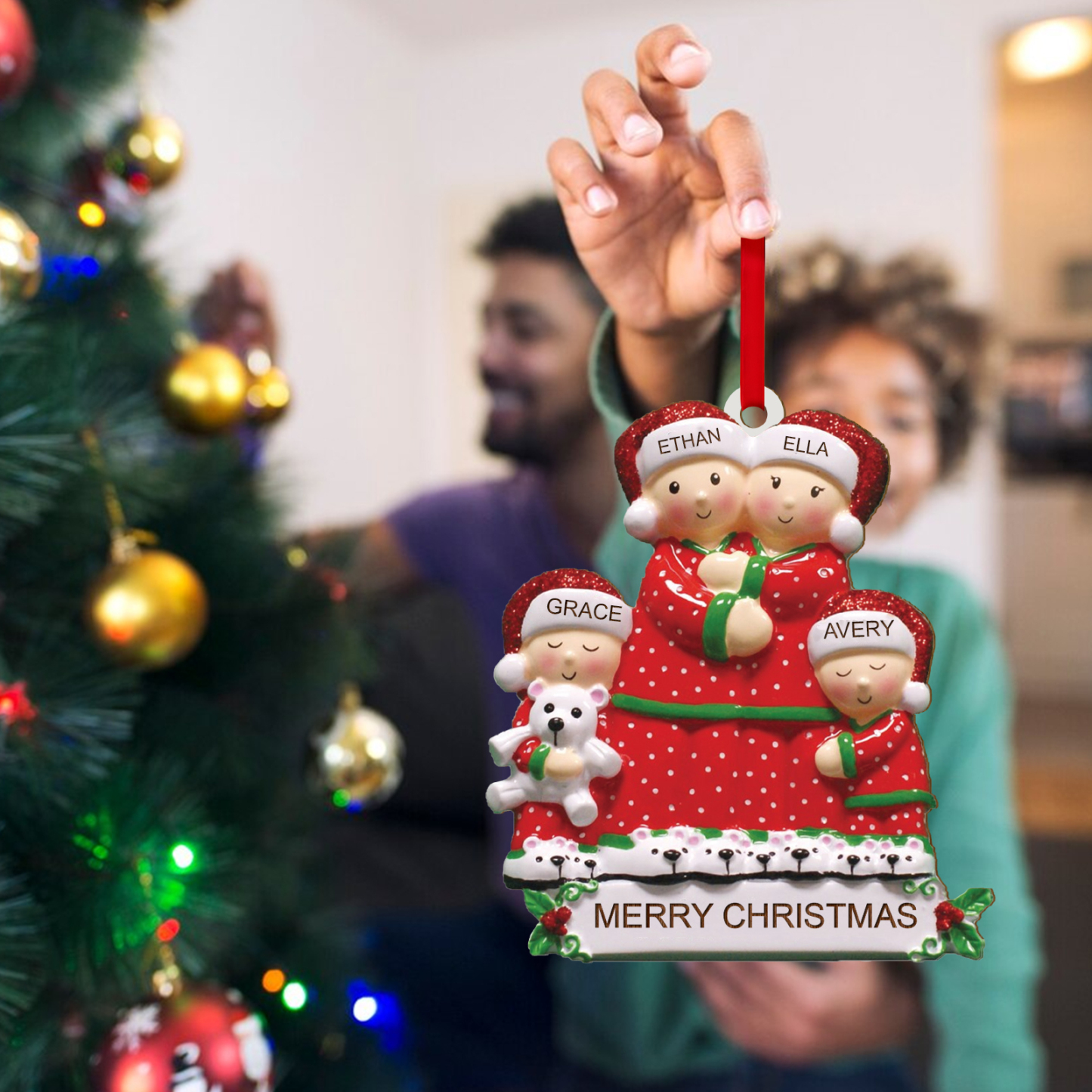 Personalisierte 2-6 Namen Weihnachtsornament Weihnachtsbaum Holz-Anhänger für Familie