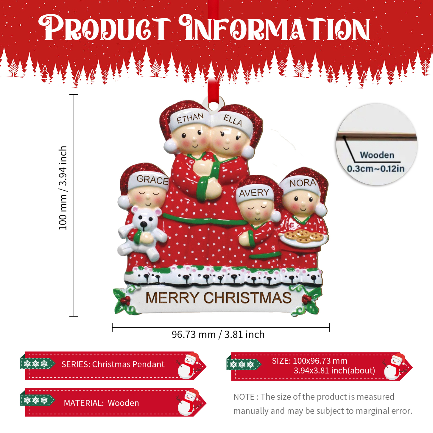 Personalisierte 2-6 Namen Weihnachtsornament Weihnachtsbaum Holz-Anhänger für Familie