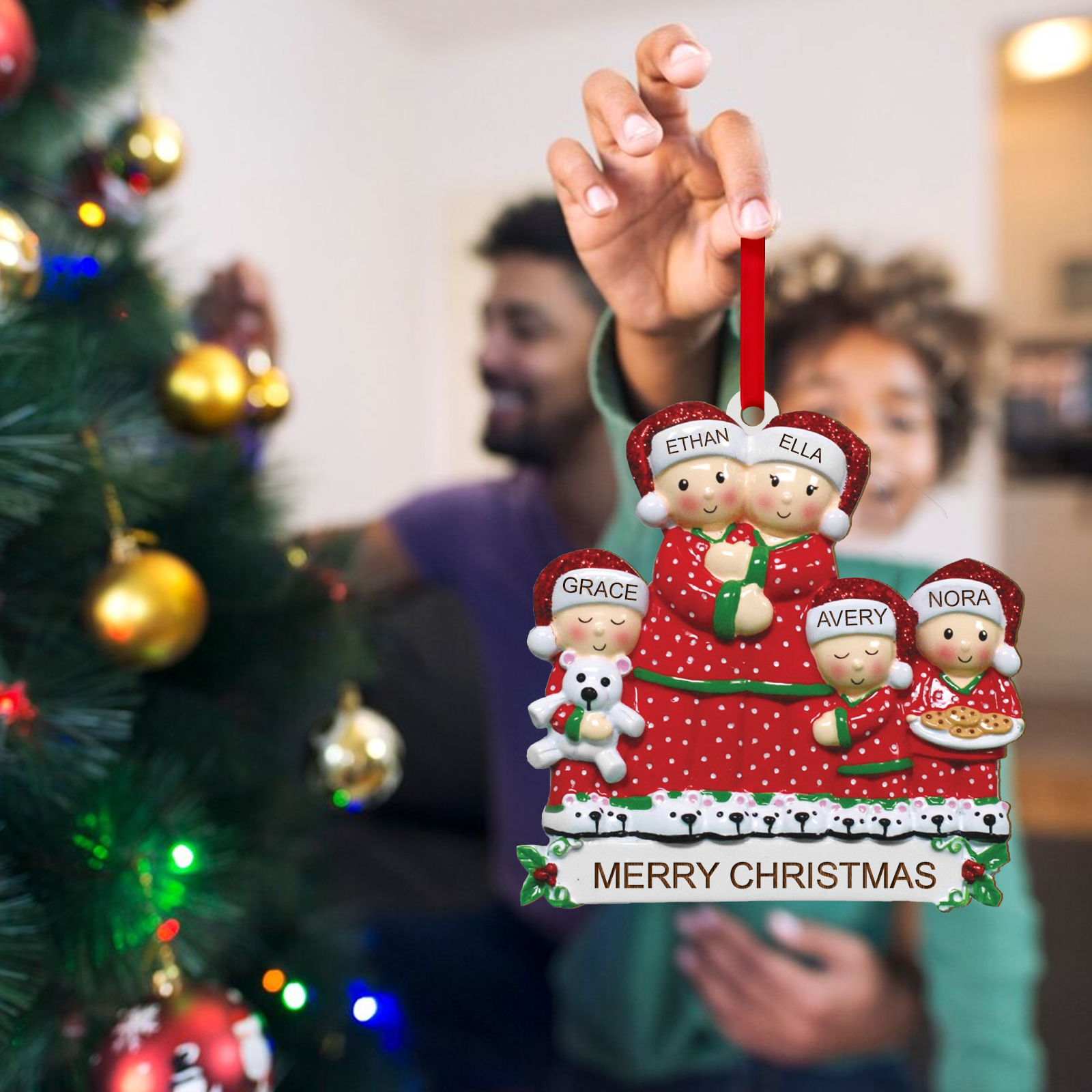 Personalisierte 2-6 Namen Weihnachtsornament Weihnachtsbaum Holz-Anhänger für Familie