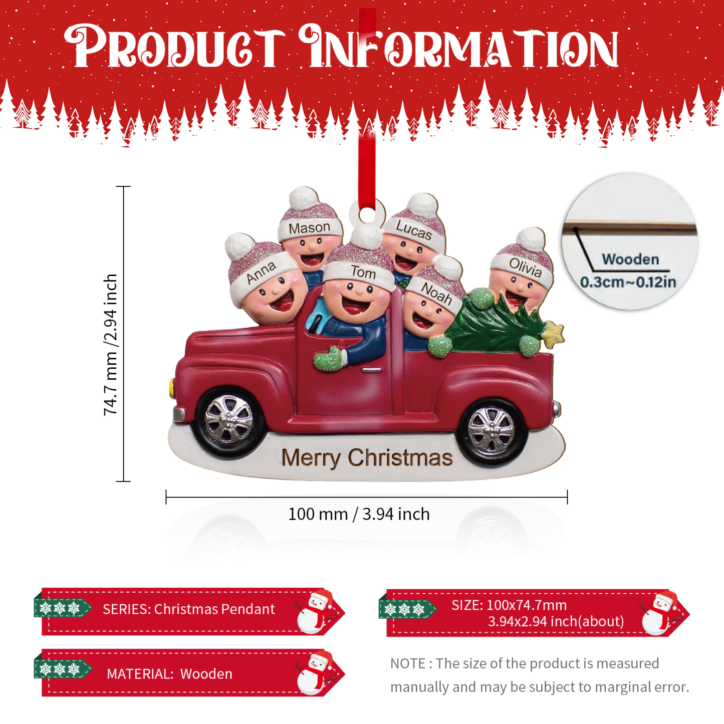 Personalisierte 2-6 Namen & Text Weihnachtsornament Weihnachtsbaum Holz-Anhänger für Familie
