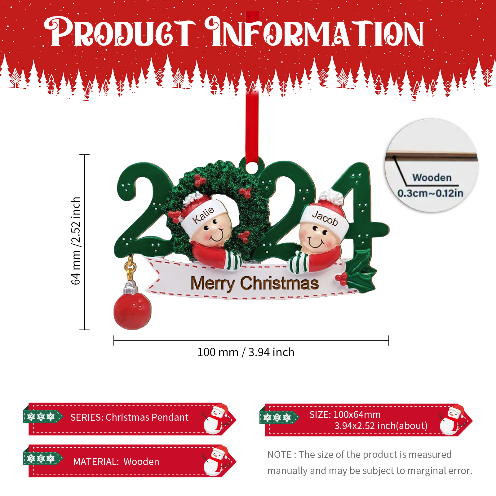 Personalisierter 2-6 Namen & Text Weihnachtsornament 2024 – Familien-Holzanhänger