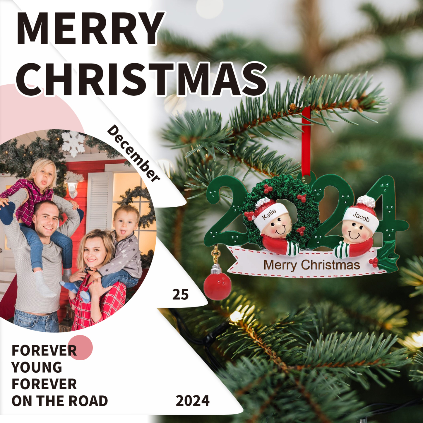 Personalisierter 2-6 Namen & Text Weihnachtsornament 2024 – Familien-Holzanhänger