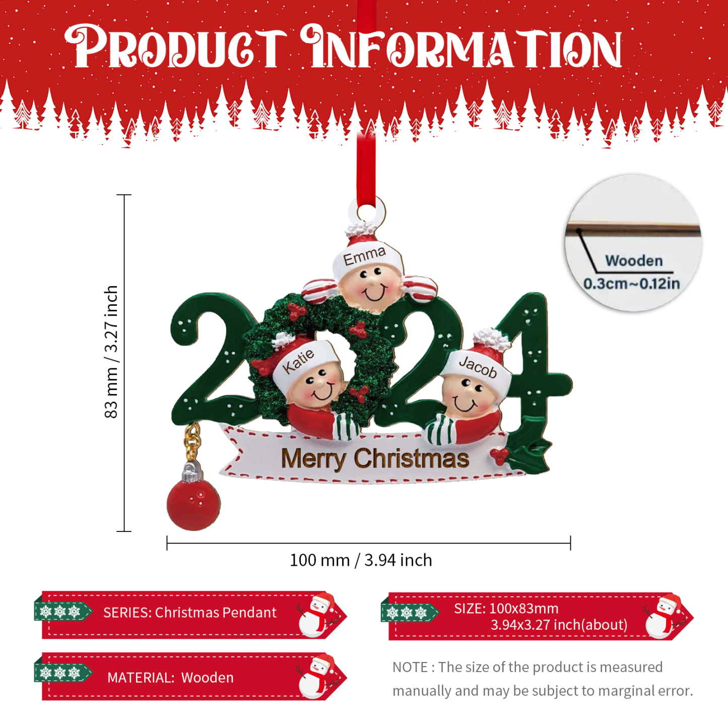 Personalisierter 2-6 Namen & Text Weihnachtsornament 2024 – Familien-Holzanhänger