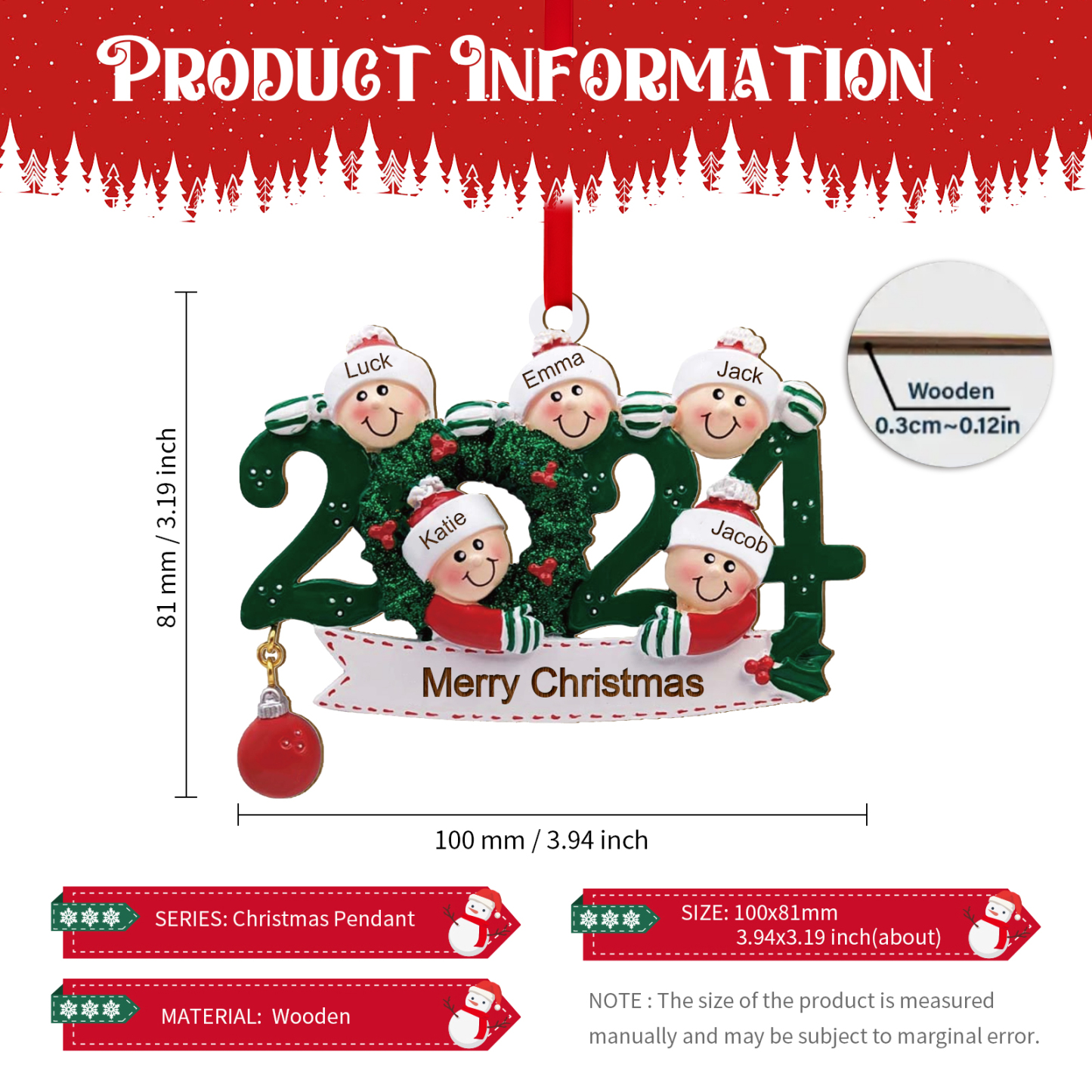Personalisierter 2-6 Namen & Text Weihnachtsornament 2024 – Familien-Holzanhänger