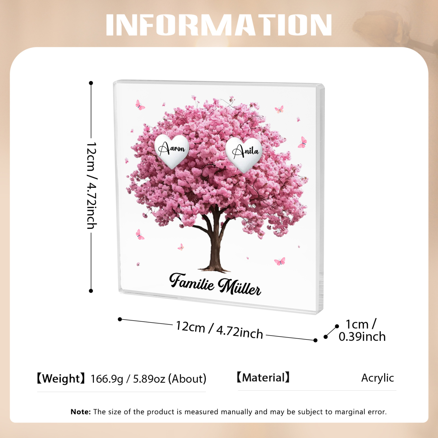 Personalisierte 2 Namen & Text Quadrat Acryl-Deko mit Rosa Familienbaum – Liebevolles Geschenk für Familie