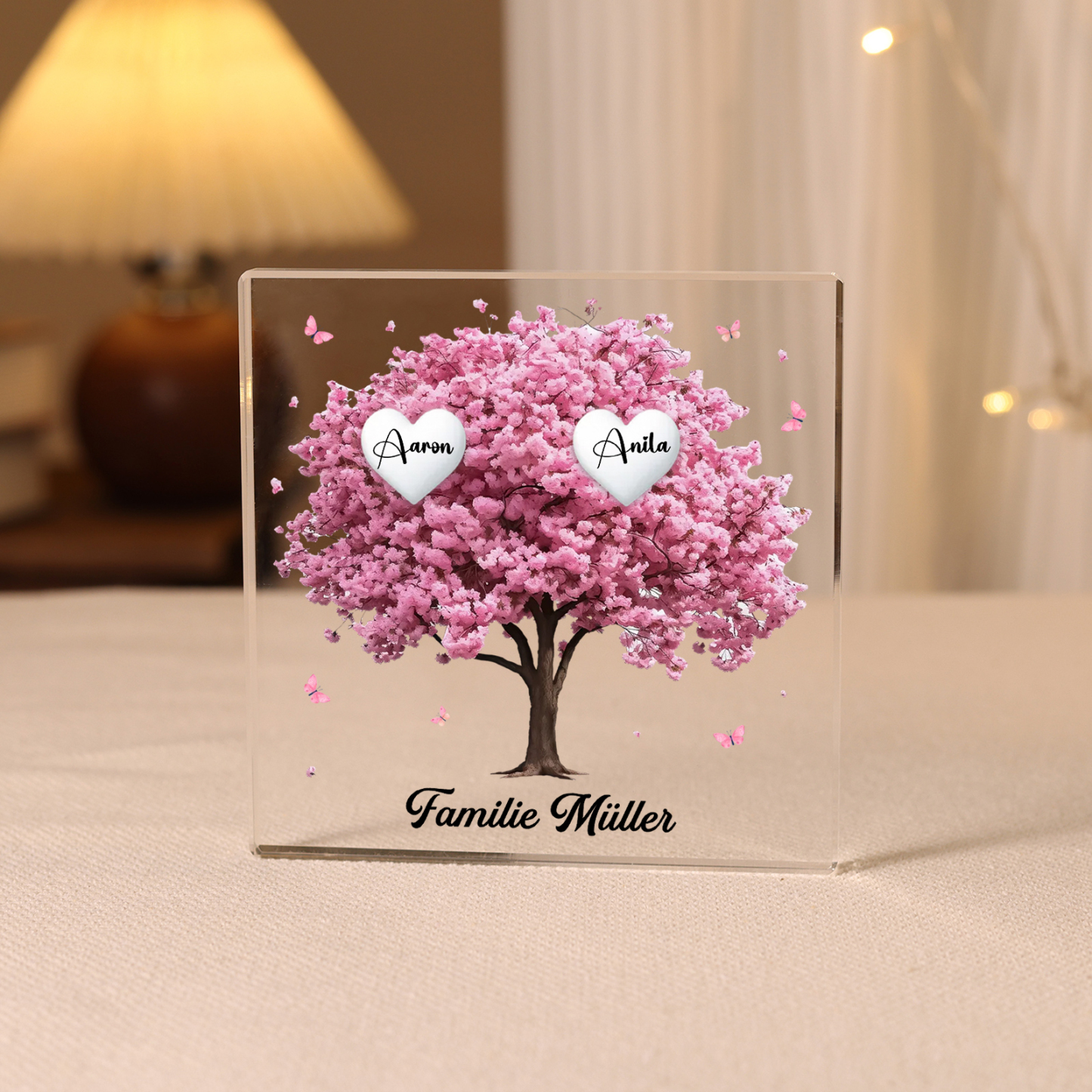 Personalisierte 2 Namen & Text Quadrat Acryl-Deko mit Rosa Familienbaum – Liebevolles Geschenk für Familie