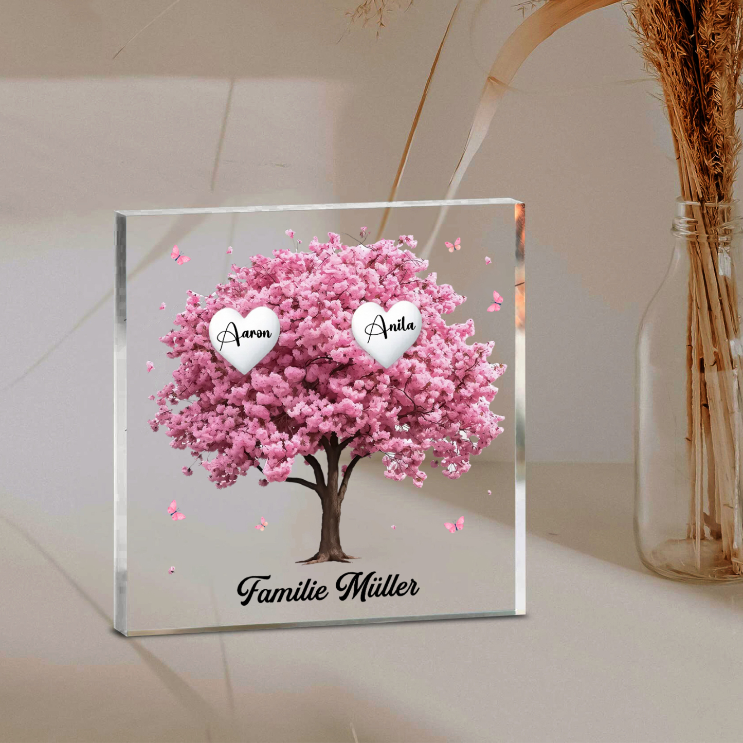 Personalisierte 2 Namen & Text Quadrat Acryl-Deko mit Rosa Familienbaum – Liebevolles Geschenk für Familie