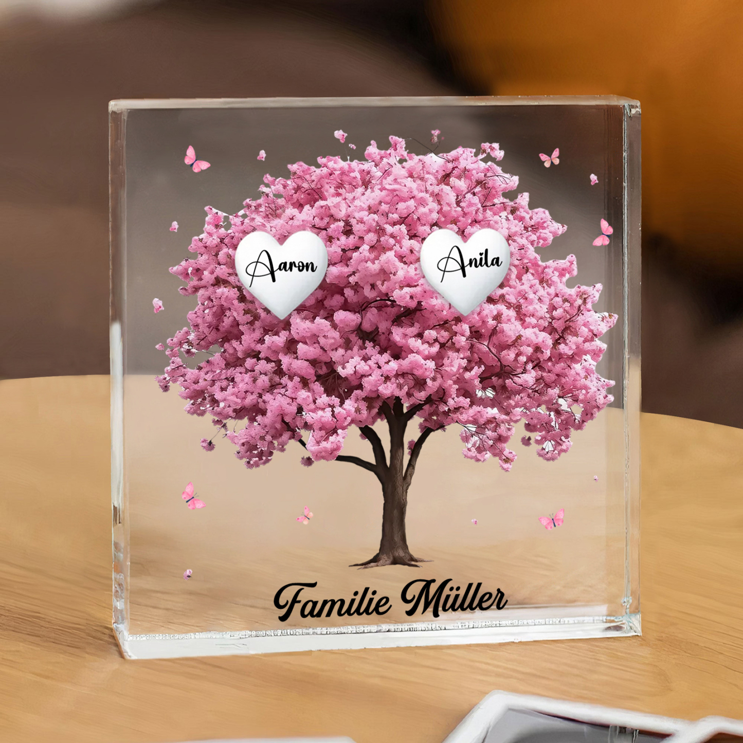 Personalisierte 2 Namen & Text Quadrat Acryl-Deko mit Rosa Familienbaum – Liebevolles Geschenk für Familie