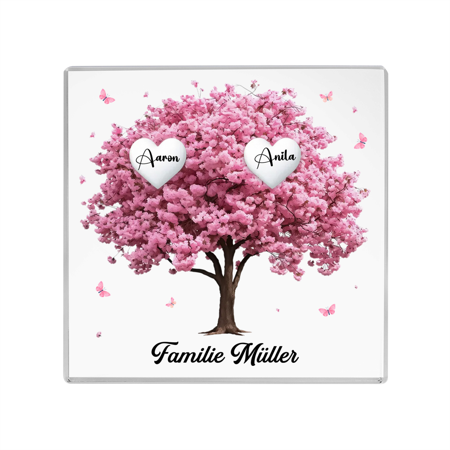 Personalisierte 2 Namen & Text Quadrat Acryl-Deko mit Rosa Familienbaum – Liebevolles Geschenk für Familie