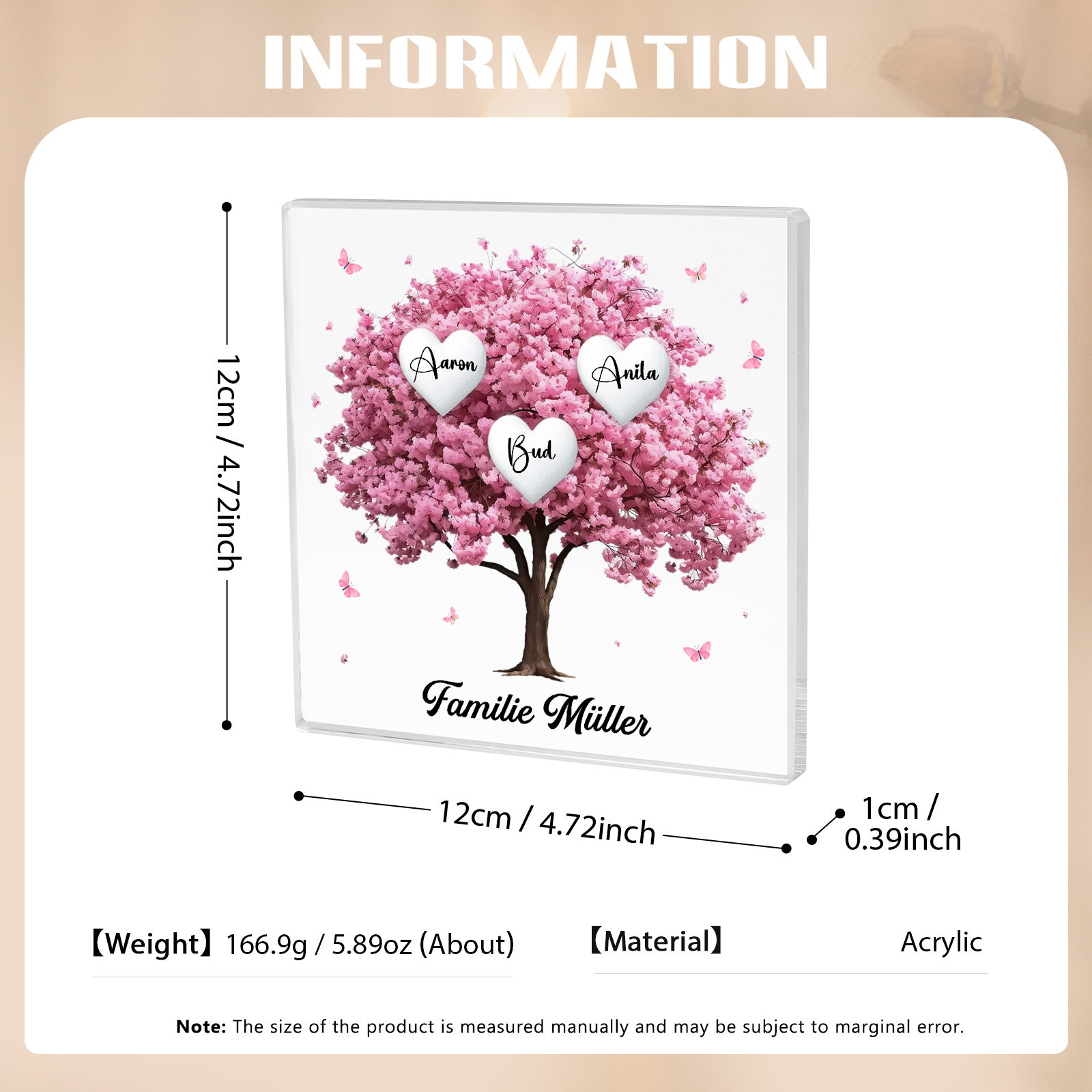 Personalisierte 3 Namen & Text Quadrat Acryl-Deko mit Rosa Familienbaum – Liebevolles Geschenk für Familie