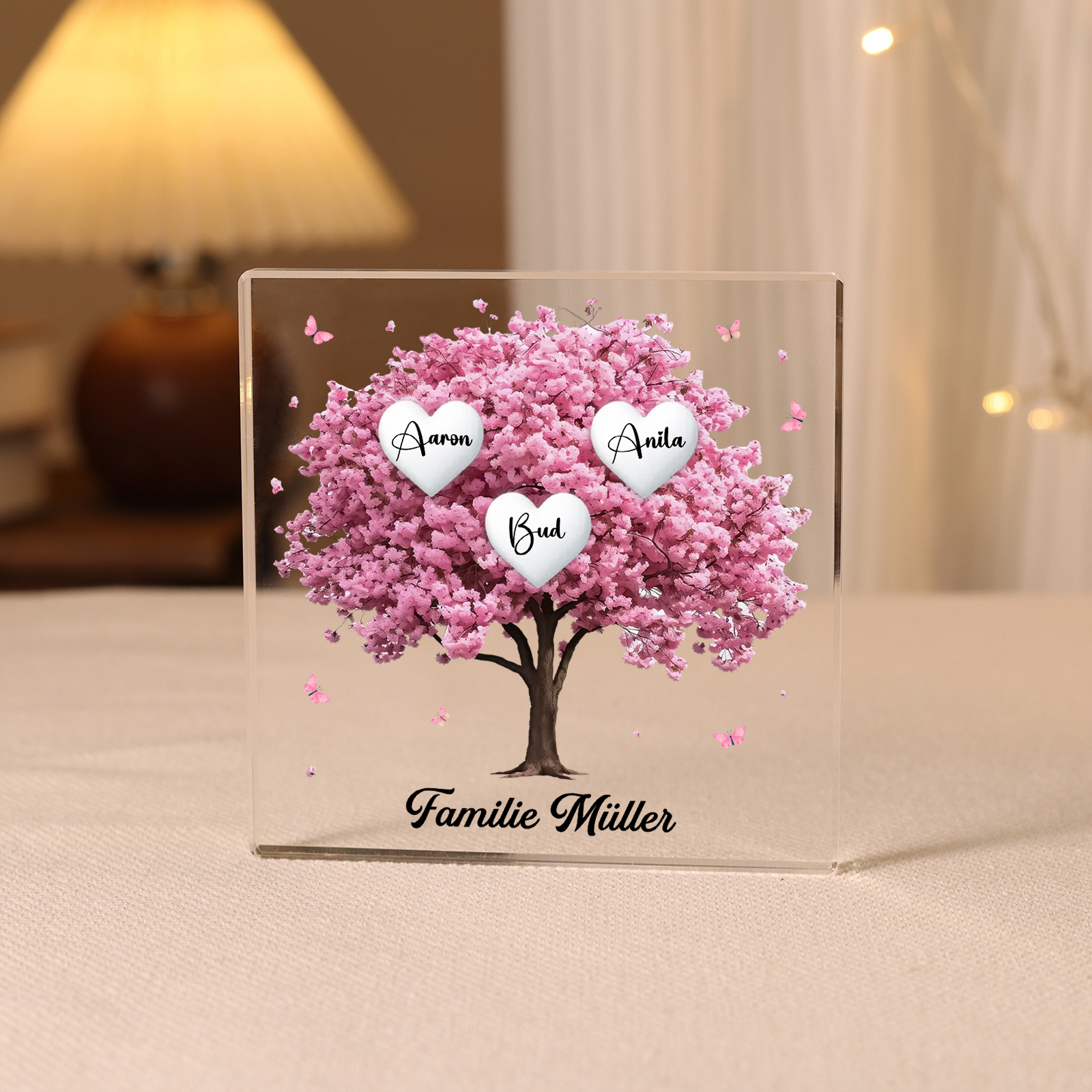 Personalisierte 3 Namen & Text Quadrat Acryl-Deko mit Rosa Familienbaum – Liebevolles Geschenk für Familie