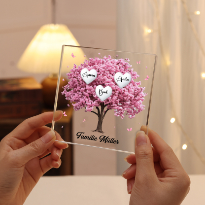 Personalisierte 3 Namen & Text Quadrat Acryl-Deko mit Rosa Familienbaum – Liebevolles Geschenk für Familie