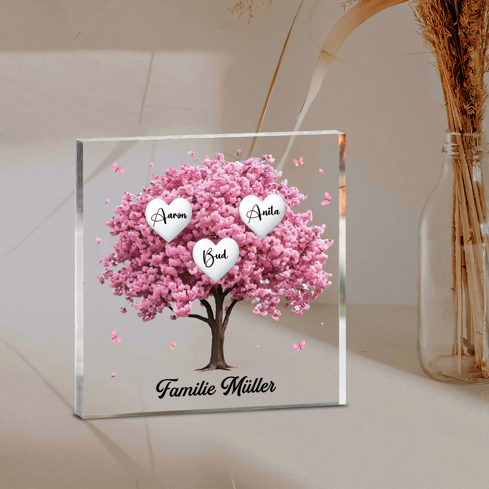 Personalisierte 3 Namen & Text Quadrat Acryl-Deko mit Rosa Familienbaum – Liebevolles Geschenk für Familie