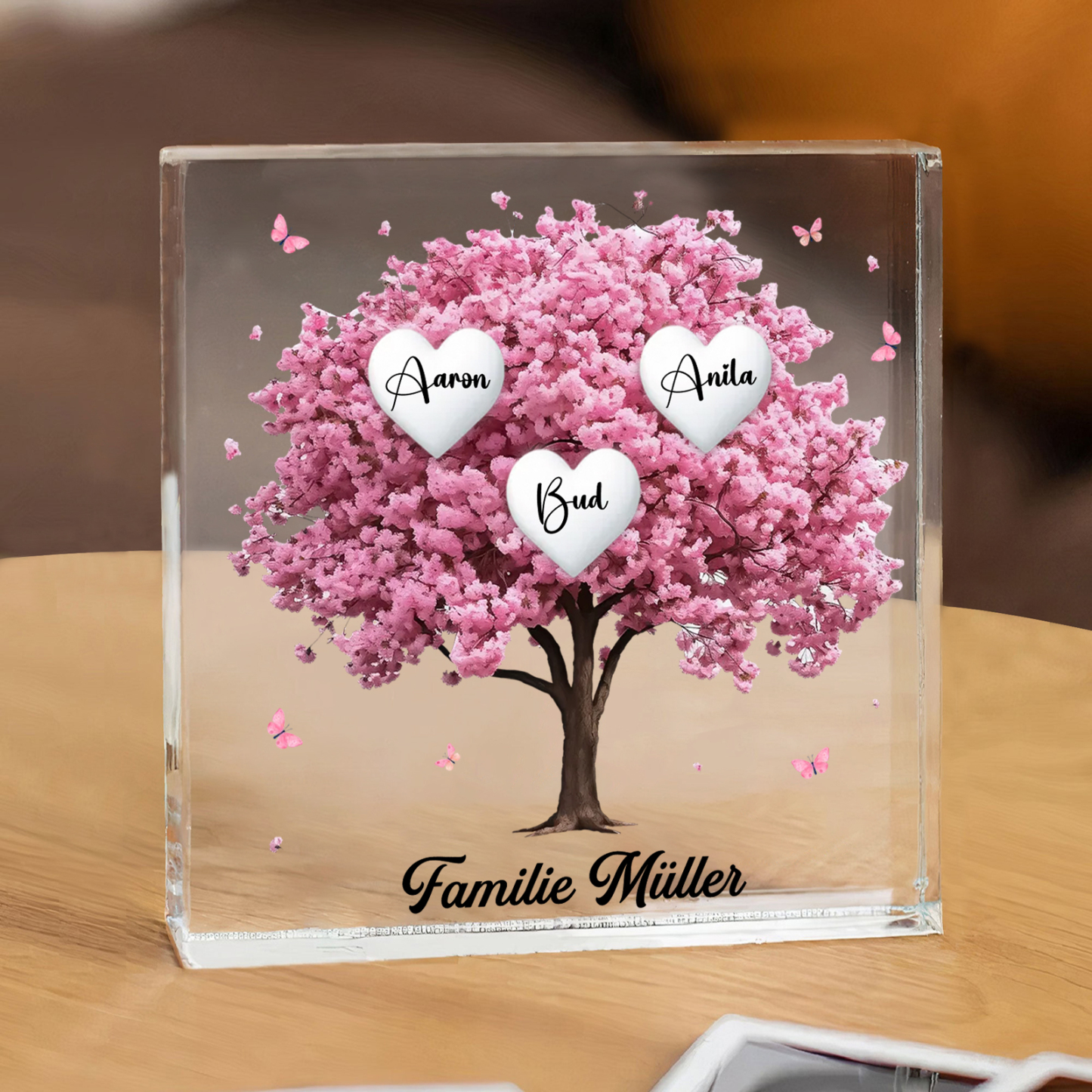 Personalisierte 3 Namen & Text Quadrat Acryl-Deko mit Rosa Familienbaum – Liebevolles Geschenk für Familie