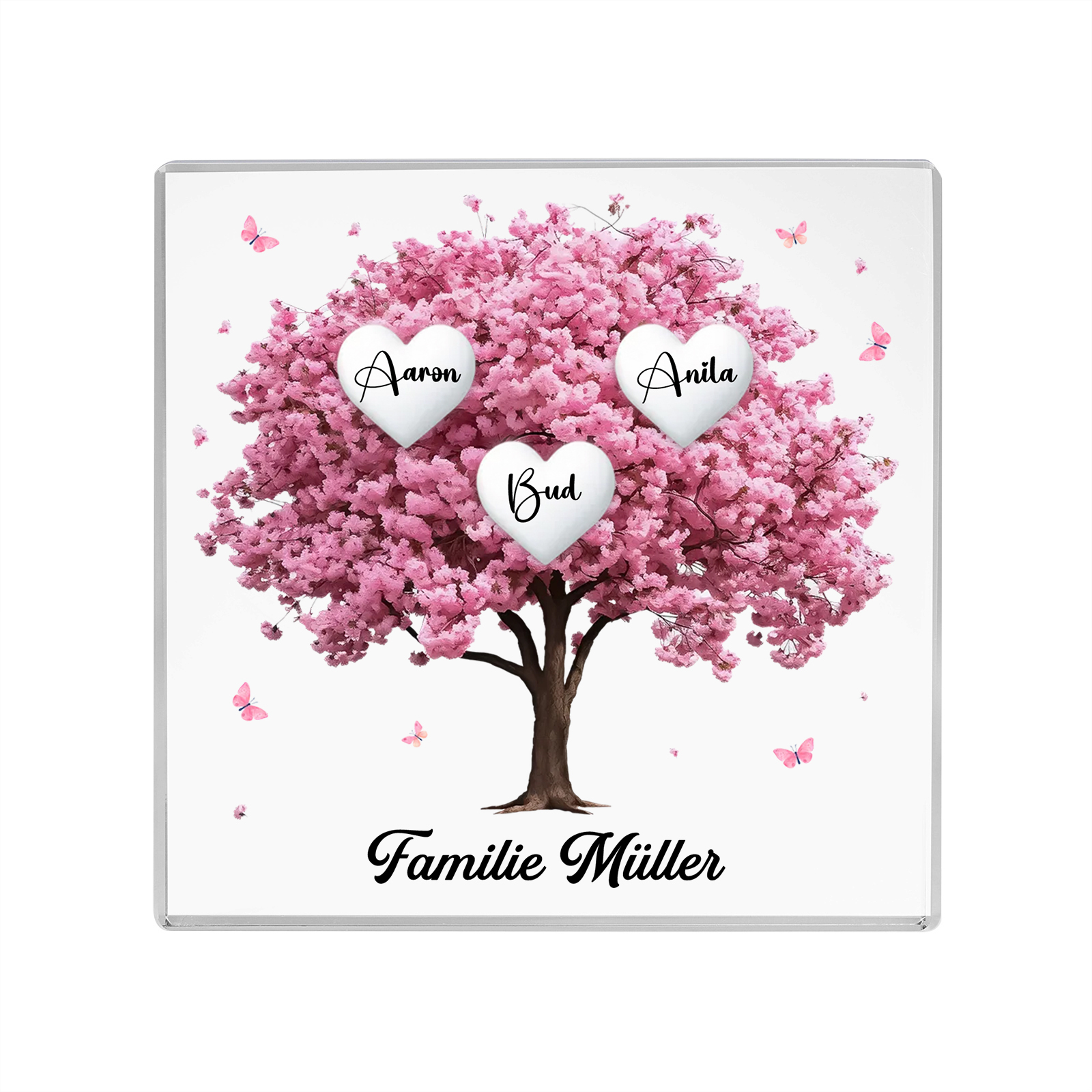 Personalisierte 3 Namen & Text Quadrat Acryl-Deko mit Rosa Familienbaum – Liebevolles Geschenk für Familie