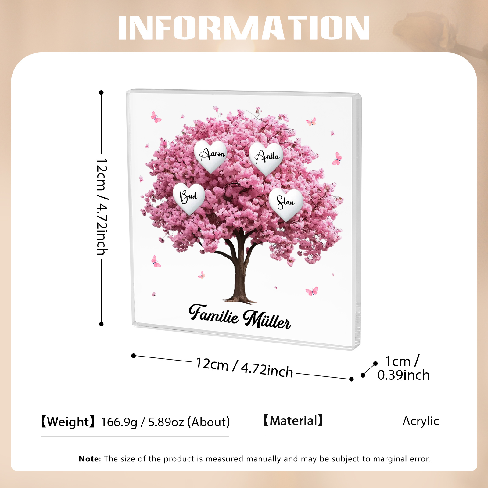 Personalisierte 4 Namen & Text Quadrat Acryl-Deko mit Rosa Familienbaum – Liebevolles Geschenk für Familie
