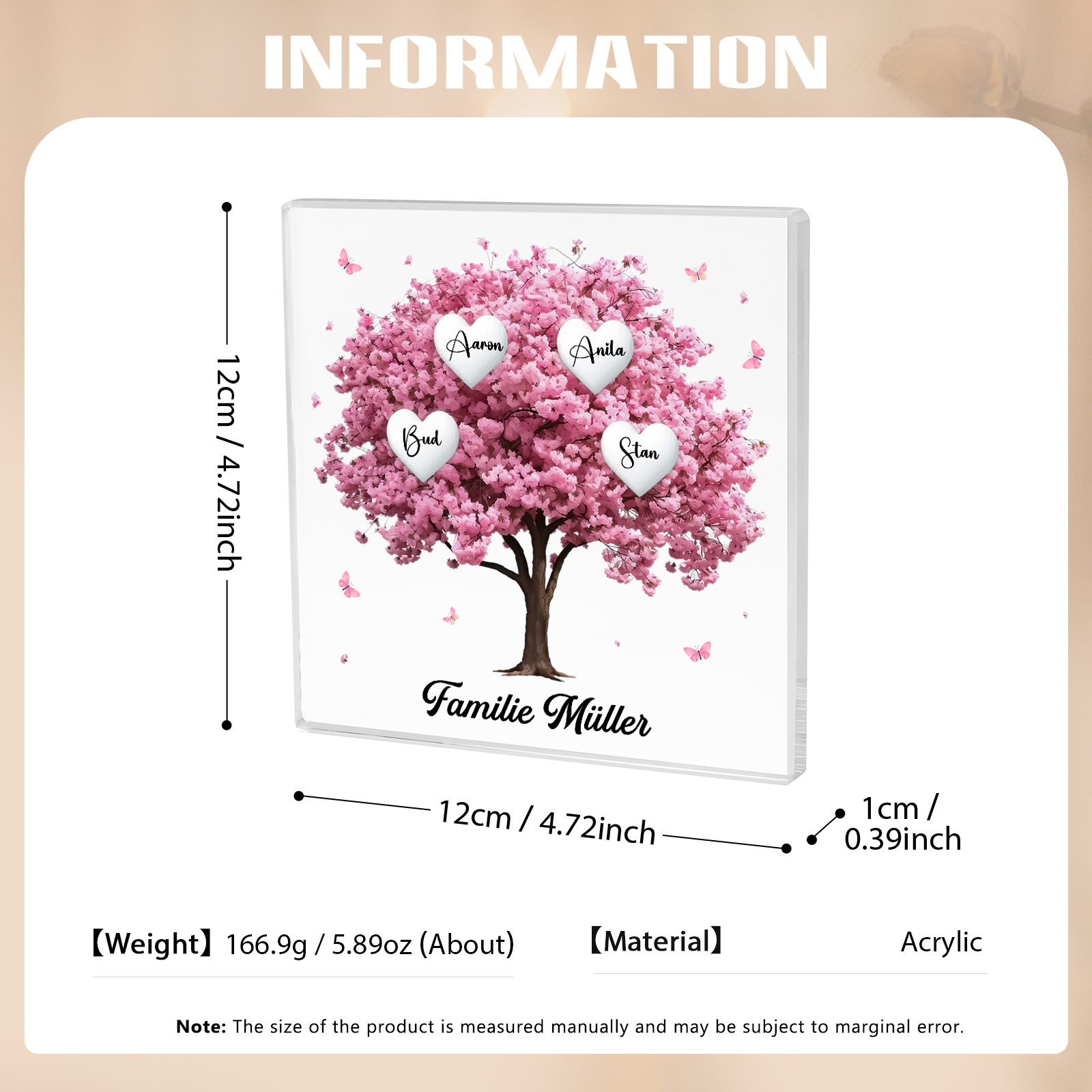 Personalisierte 4 Namen & Text Quadrat Acryl-Deko mit Rosa Familienbaum – Liebevolles Geschenk für Familie