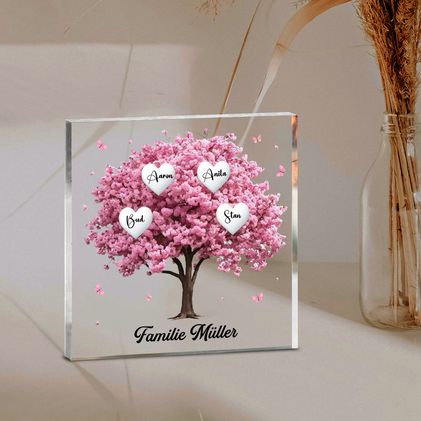 Personalisierte 4 Namen & Text Quadrat Acryl-Deko mit Rosa Familienbaum – Liebevolles Geschenk für Familie