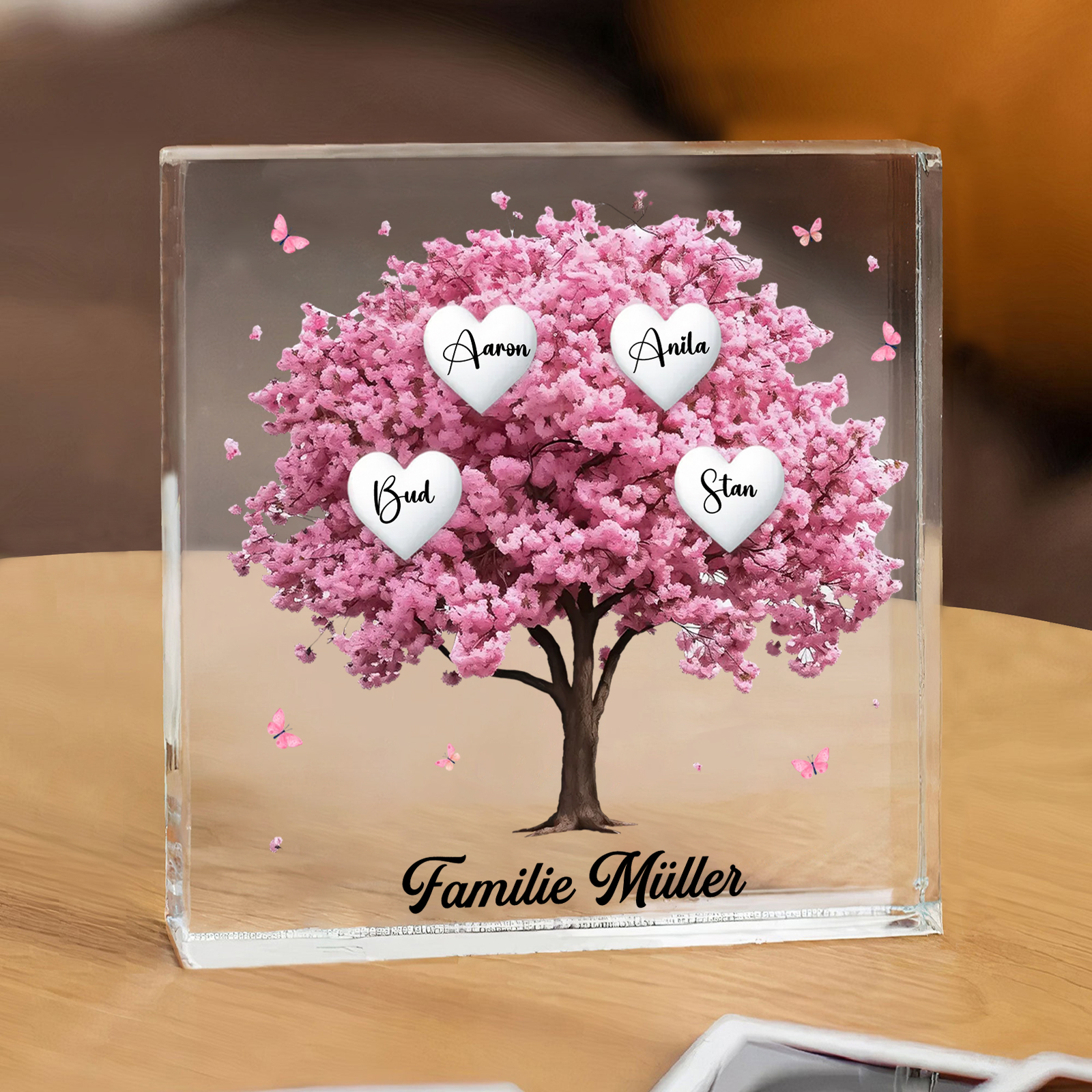 Personalisierte 4 Namen & Text Quadrat Acryl-Deko mit Rosa Familienbaum – Liebevolles Geschenk für Familie