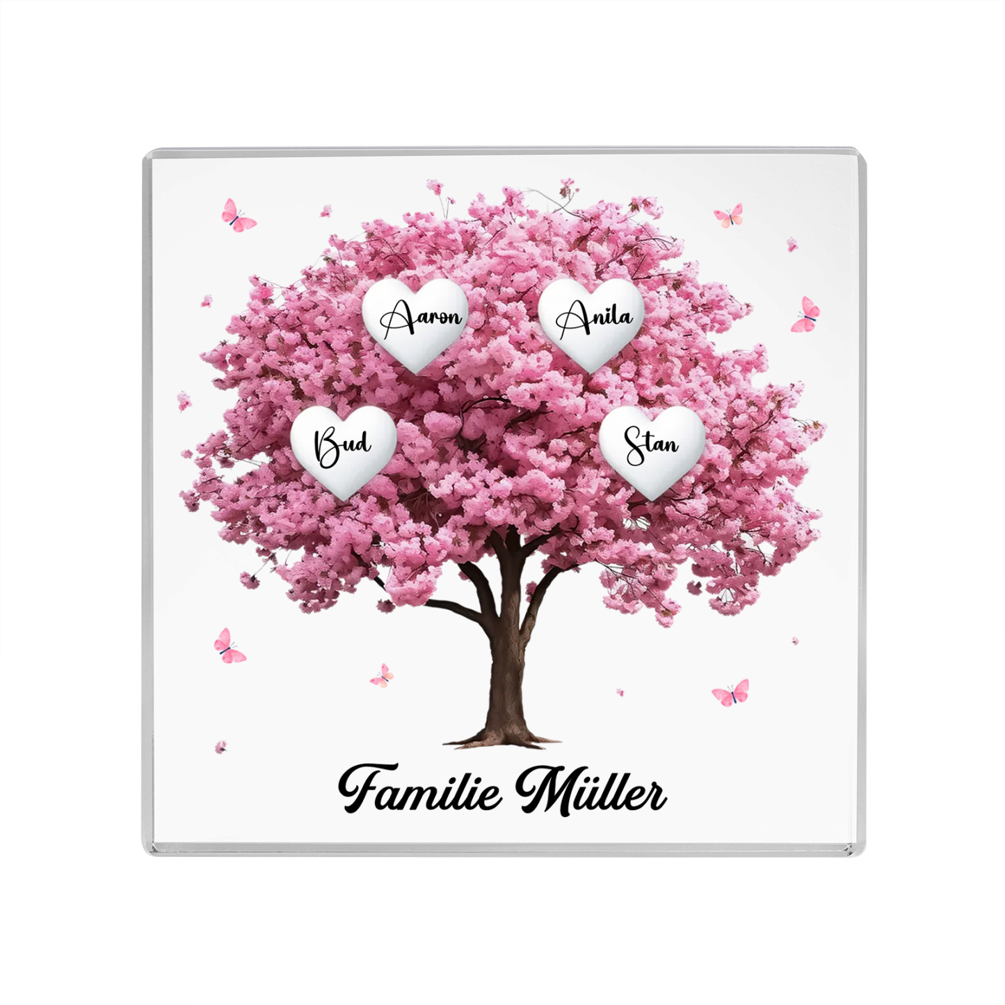 Personalisierte 4 Namen & Text Quadrat Acryl-Deko mit Rosa Familienbaum – Liebevolles Geschenk für Familie