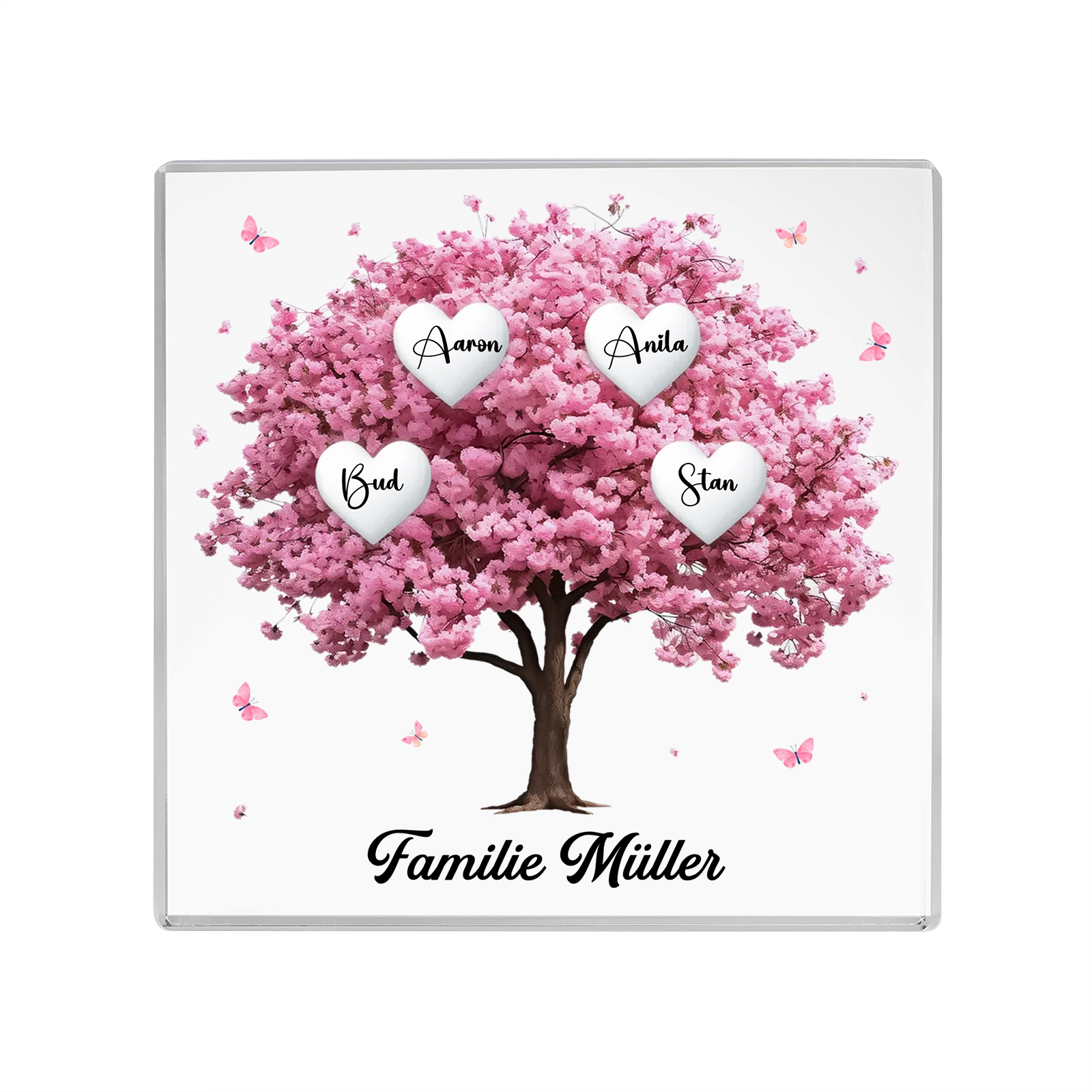 Personalisierte 4 Namen & Text Quadrat Acryl-Deko mit Rosa Familienbaum – Liebevolles Geschenk für Familie