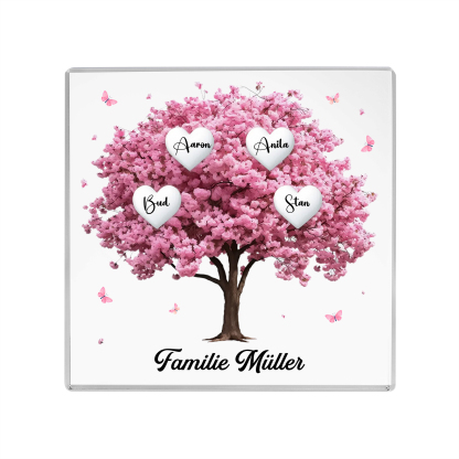 Personalisierte 4 Namen & Text Quadrat Acryl-Deko mit Rosa Familienbaum – Liebevolles Geschenk für Familie