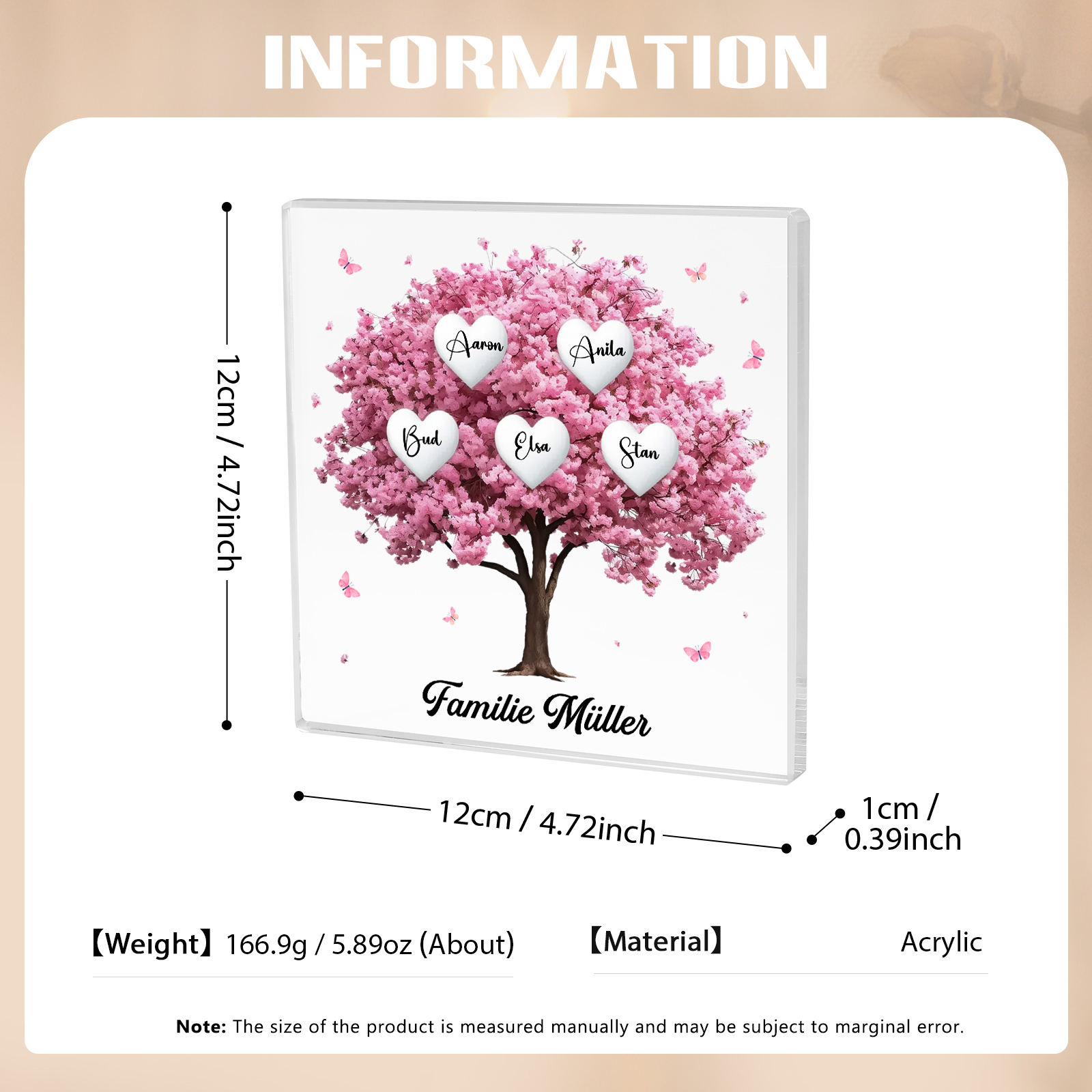 Personalisierte 5 Namen & Text Quadrat Acryl-Deko mit Rosa Familienbaum – Liebevolles Geschenk für Familie