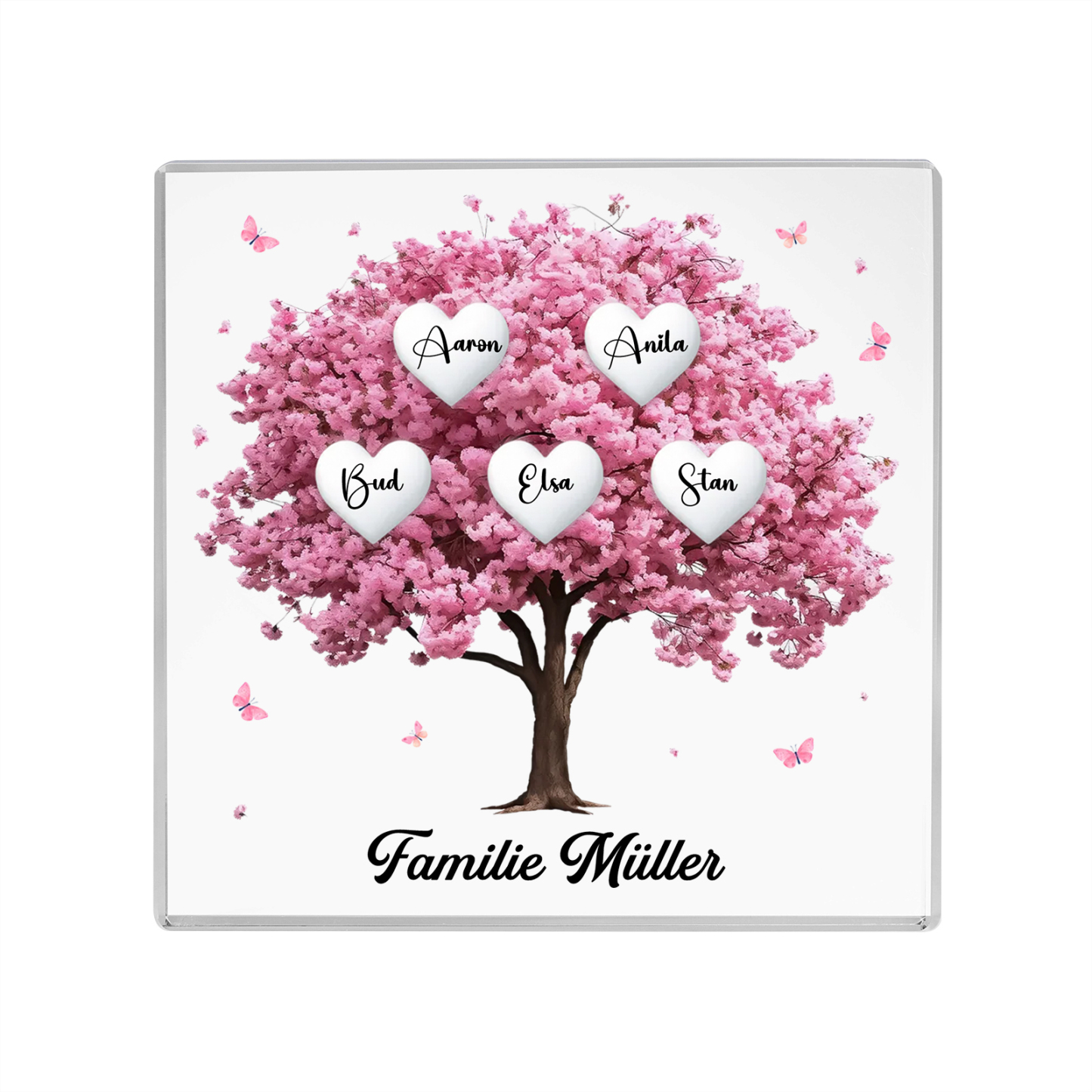 Personalisierte 5 Namen & Text Quadrat Acryl-Deko mit Rosa Familienbaum – Liebevolles Geschenk für Familie