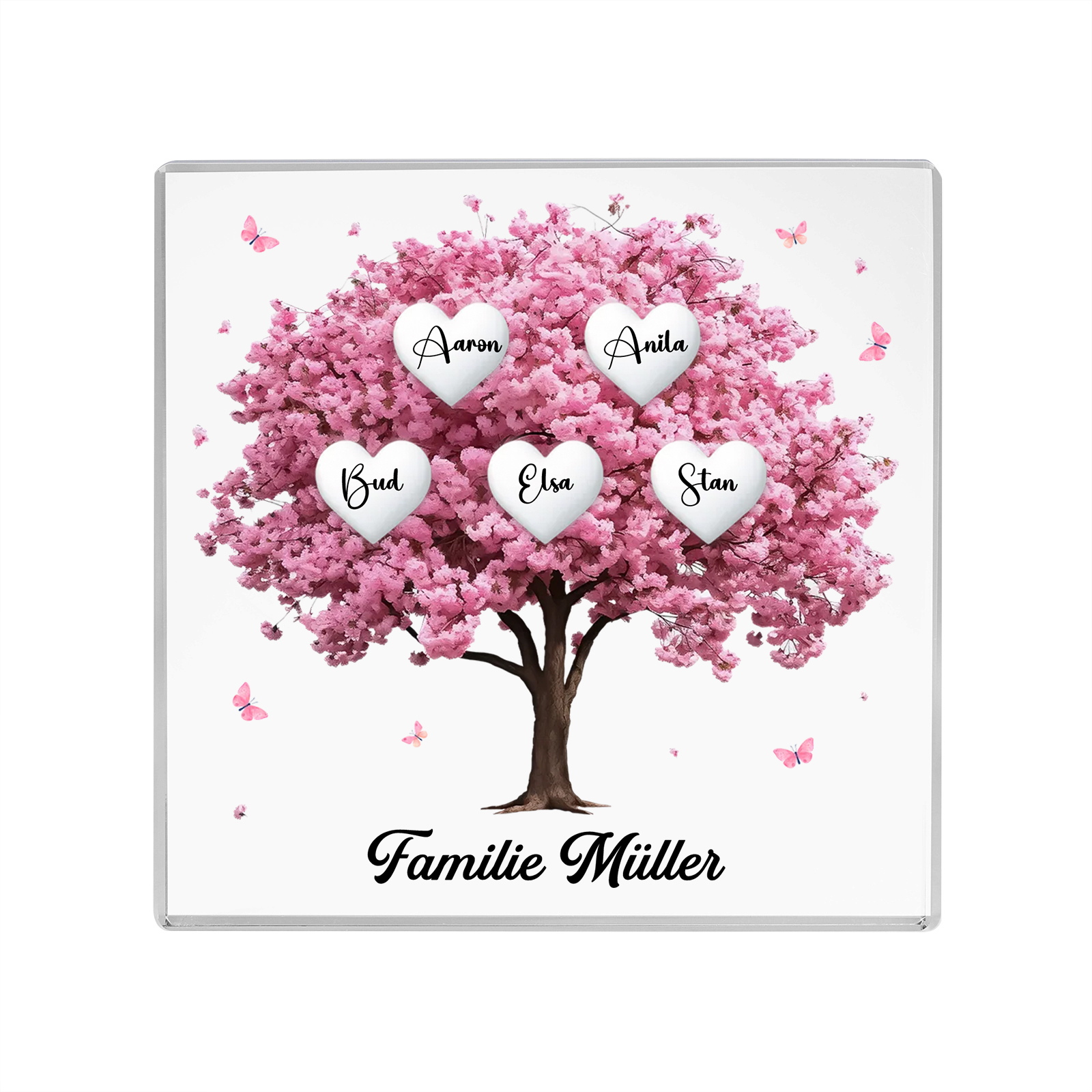 Personalisierte 5 Namen & Text Quadrat Acryl-Deko mit Rosa Familienbaum – Liebevolles Geschenk für Familie