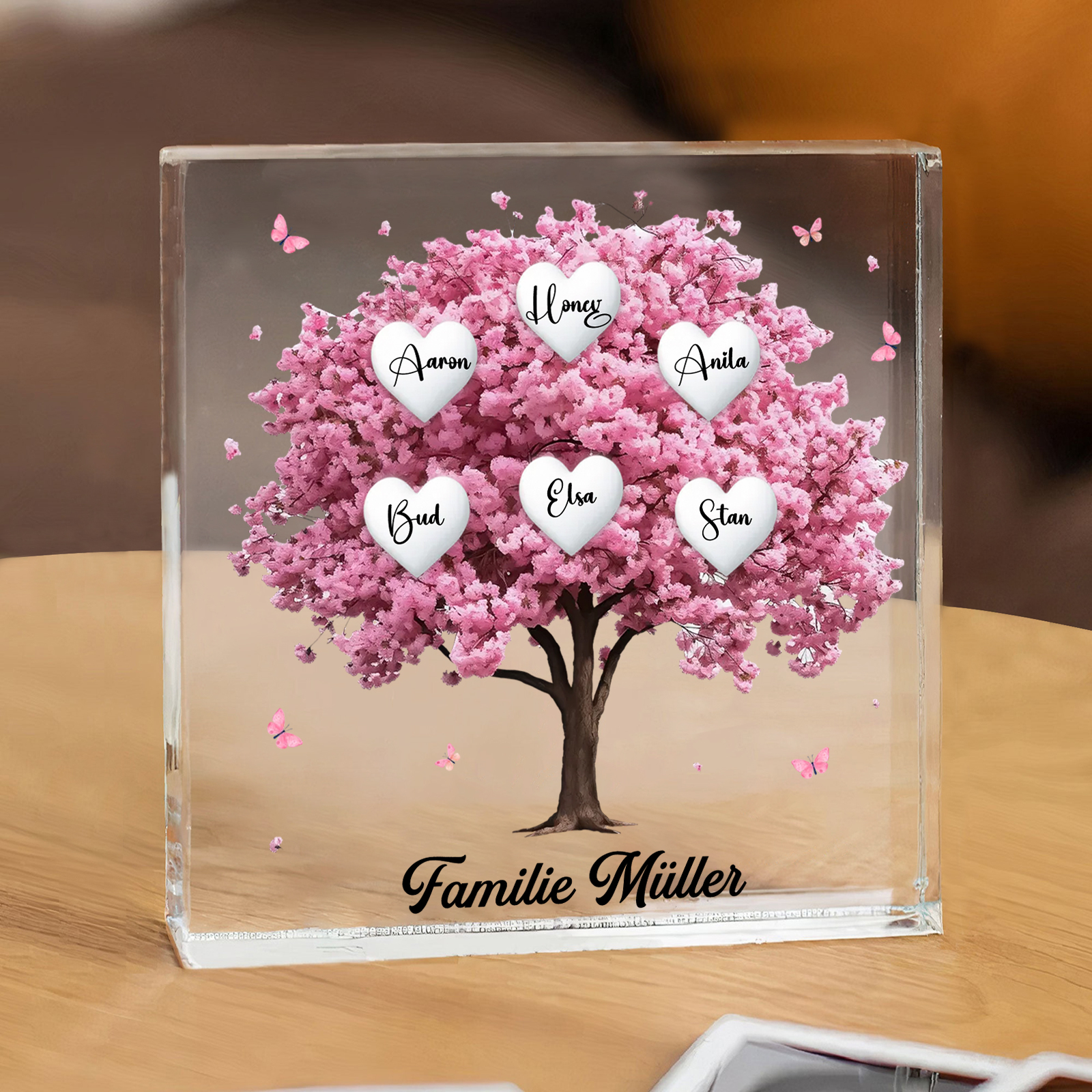 Personalisierte 6 Namen & Text Quadrat Acryl-Deko mit Rosa Familienbaum – Liebevolles Geschenk für Familie