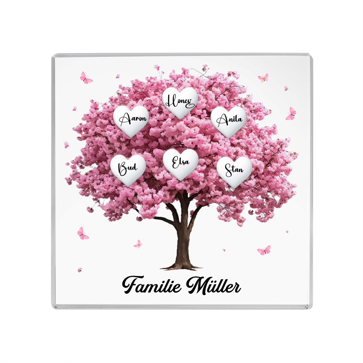 Personalisierte 6 Namen & Text Quadrat Acryl-Deko mit Rosa Familienbaum – Liebevolles Geschenk für Familie
