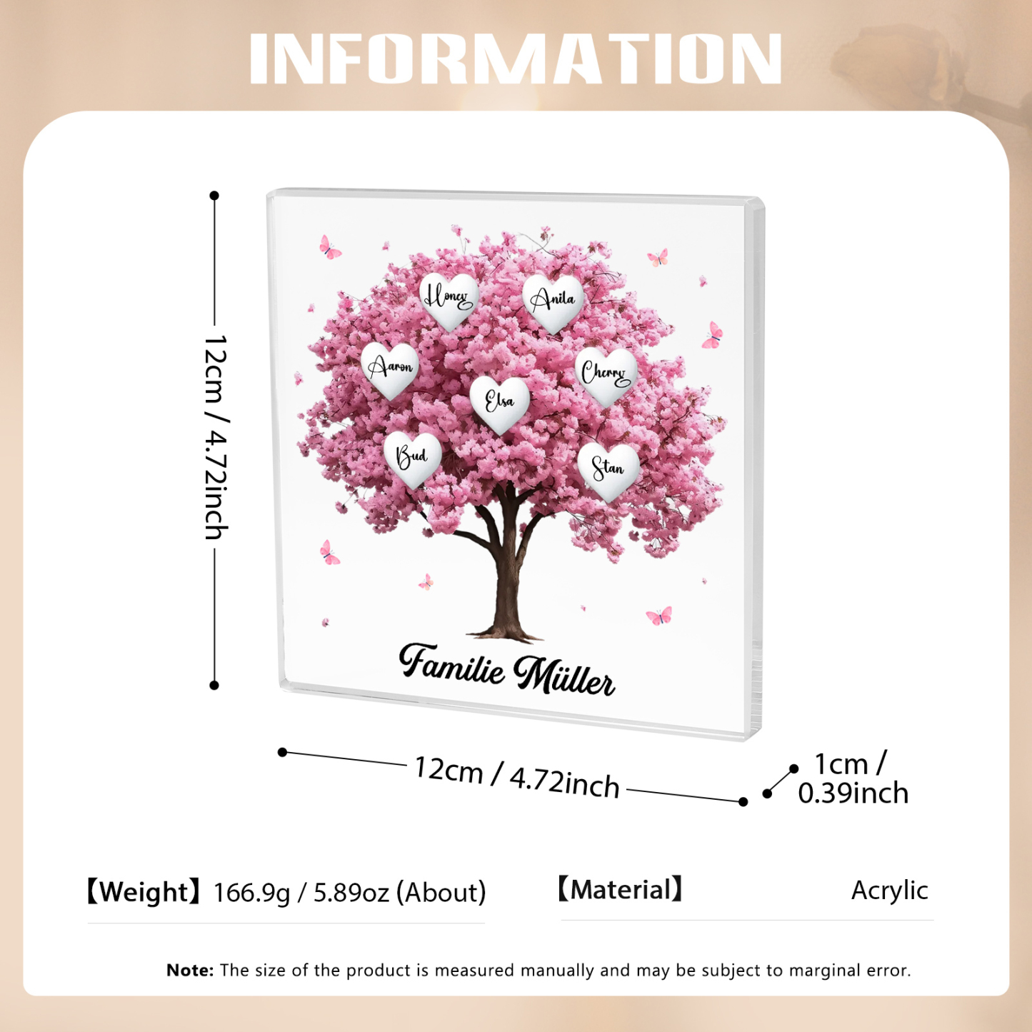 Personalisierte 7 Namen & Text Quadrat Acryl-Deko mit Rosa Familienbaum – Liebevolles Geschenk für Familie